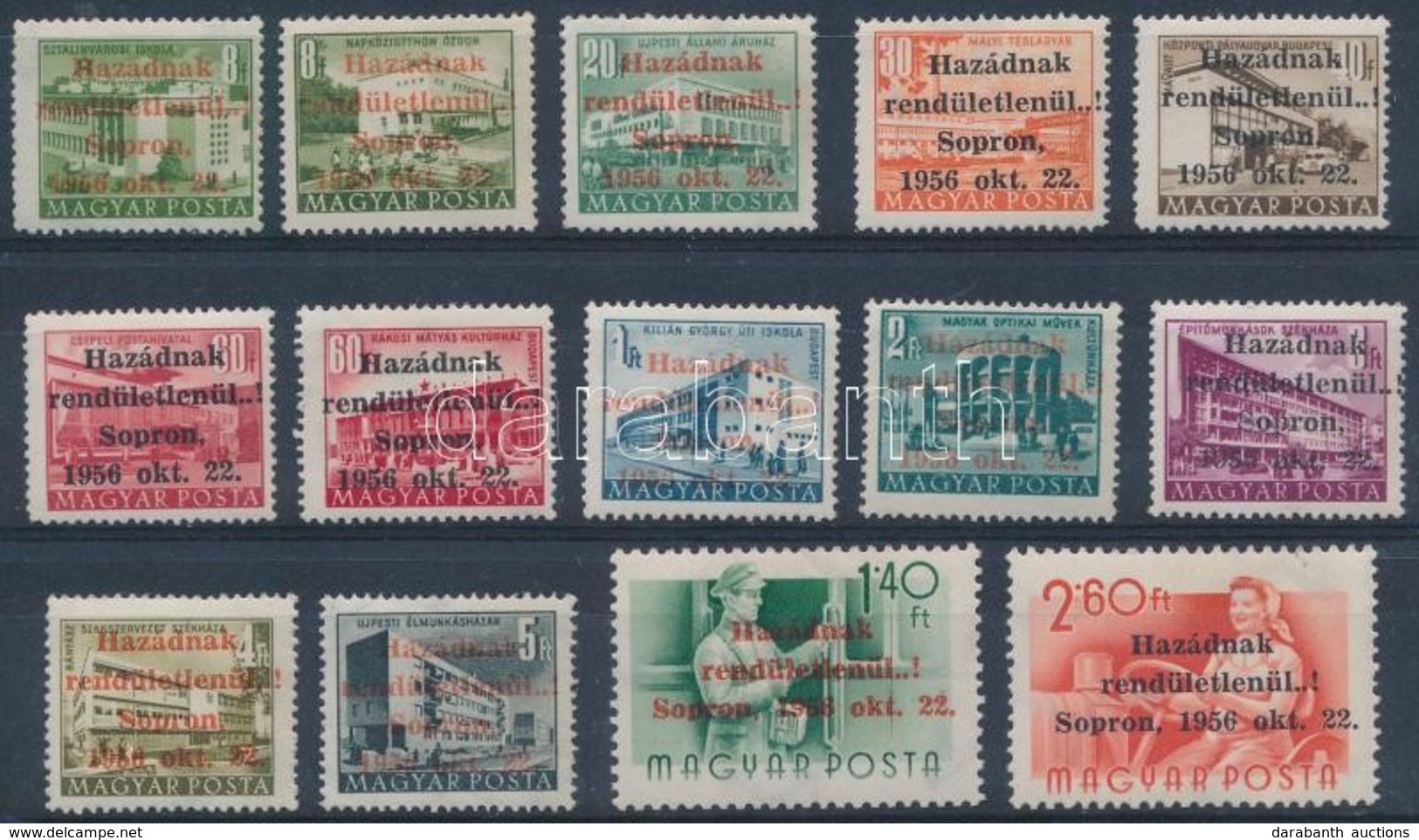 ** 1956 Soproni Kiadás 14 értékes Sorozat, Minden Bélyegen MB Vagy MF Garanciabélyegző (300.000) (2-3 Bélyegnél Apró Fog - Otros & Sin Clasificación