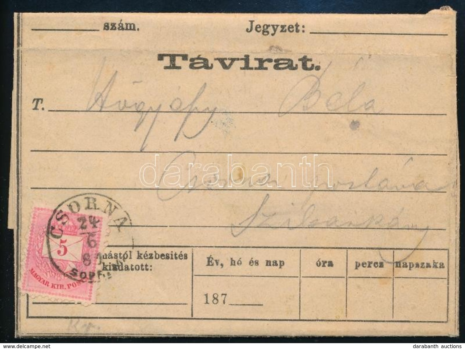 1882 Távirat Zombáról Szilsárkányra, Csornáról Postán Továbbítva, Színesszámú 5kr Bérmentesítéssel / Telegramm From Zomb - Autres & Non Classés