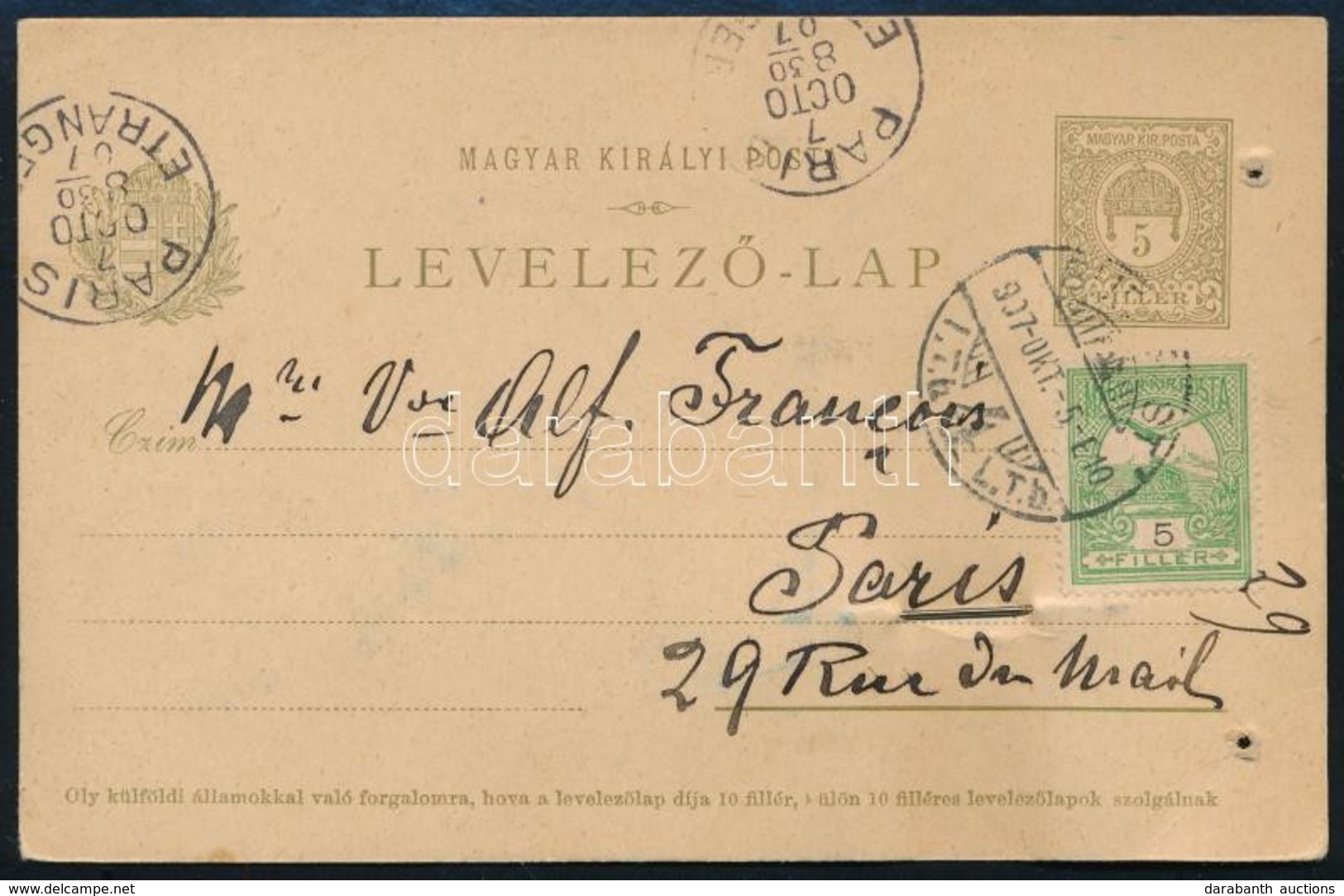 1907 Turul 5f Bélyeggel Kiegészített 5f Díjjegyes Levelezőlap Párizsba, Gombostűvel Hozzátűzött Vastag Szövetmintával, P - Otros & Sin Clasificación