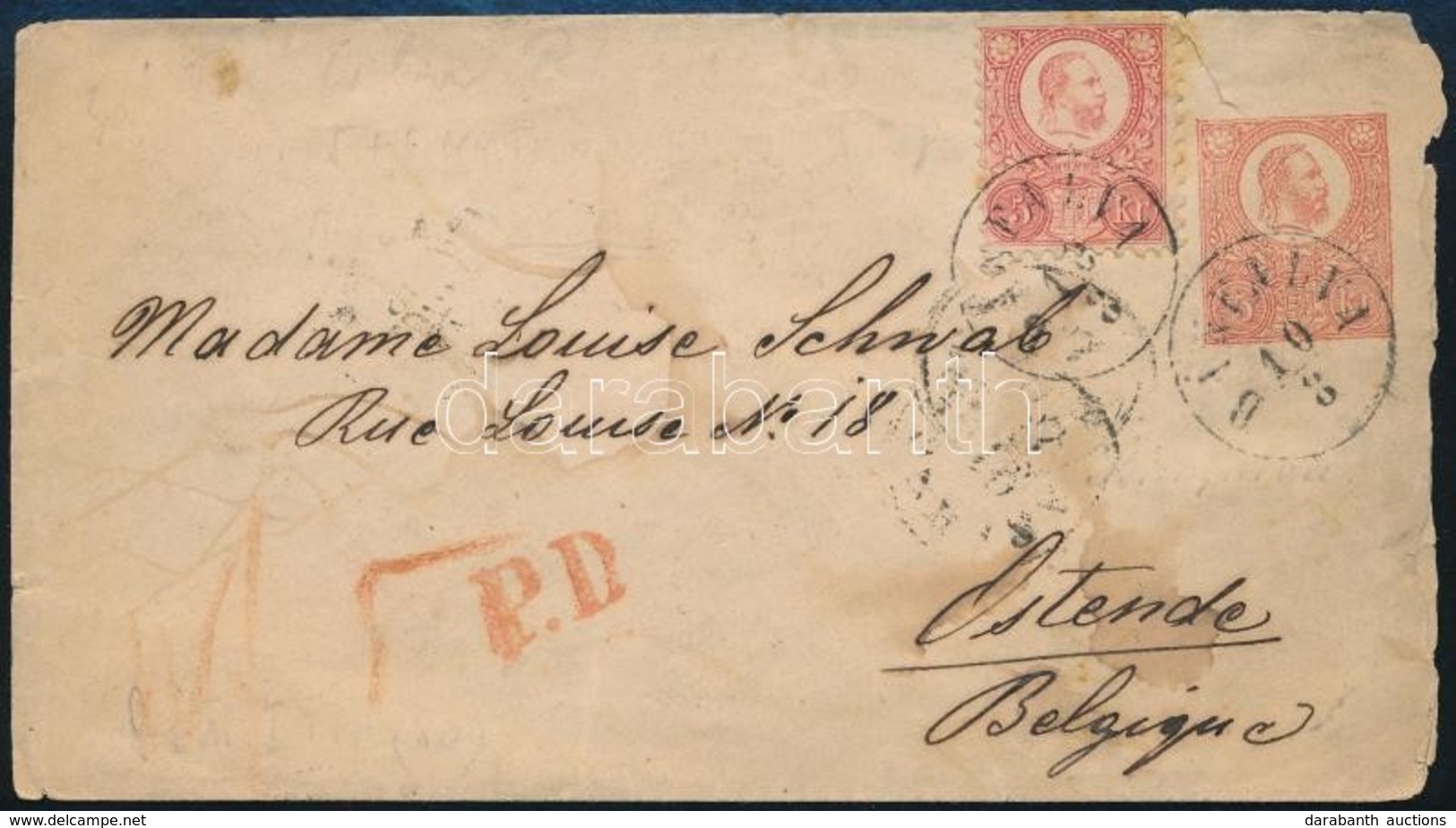 1872 5kr Díjjegyes Levél Réznyomat 5kr Díjkiegészítéssel 'BÁTFALVA' - Ostende (Belgium) - Otros & Sin Clasificación