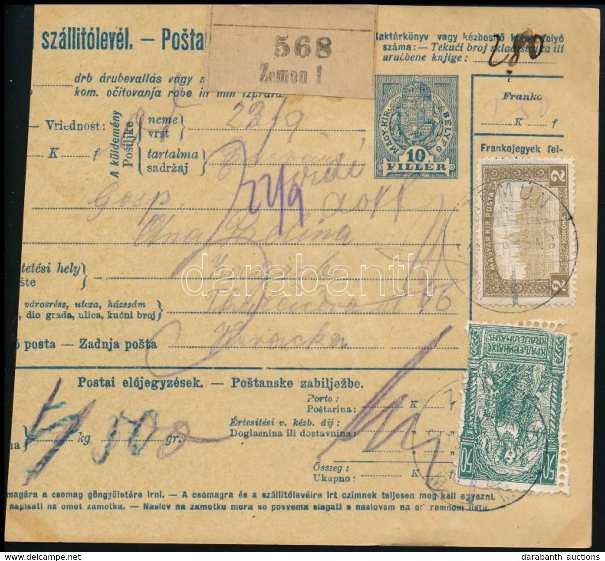 SHS 1920 Csomagszállító   Magyar és Szlovén Bélyeggel 'ZEMUN' - Sonstige & Ohne Zuordnung