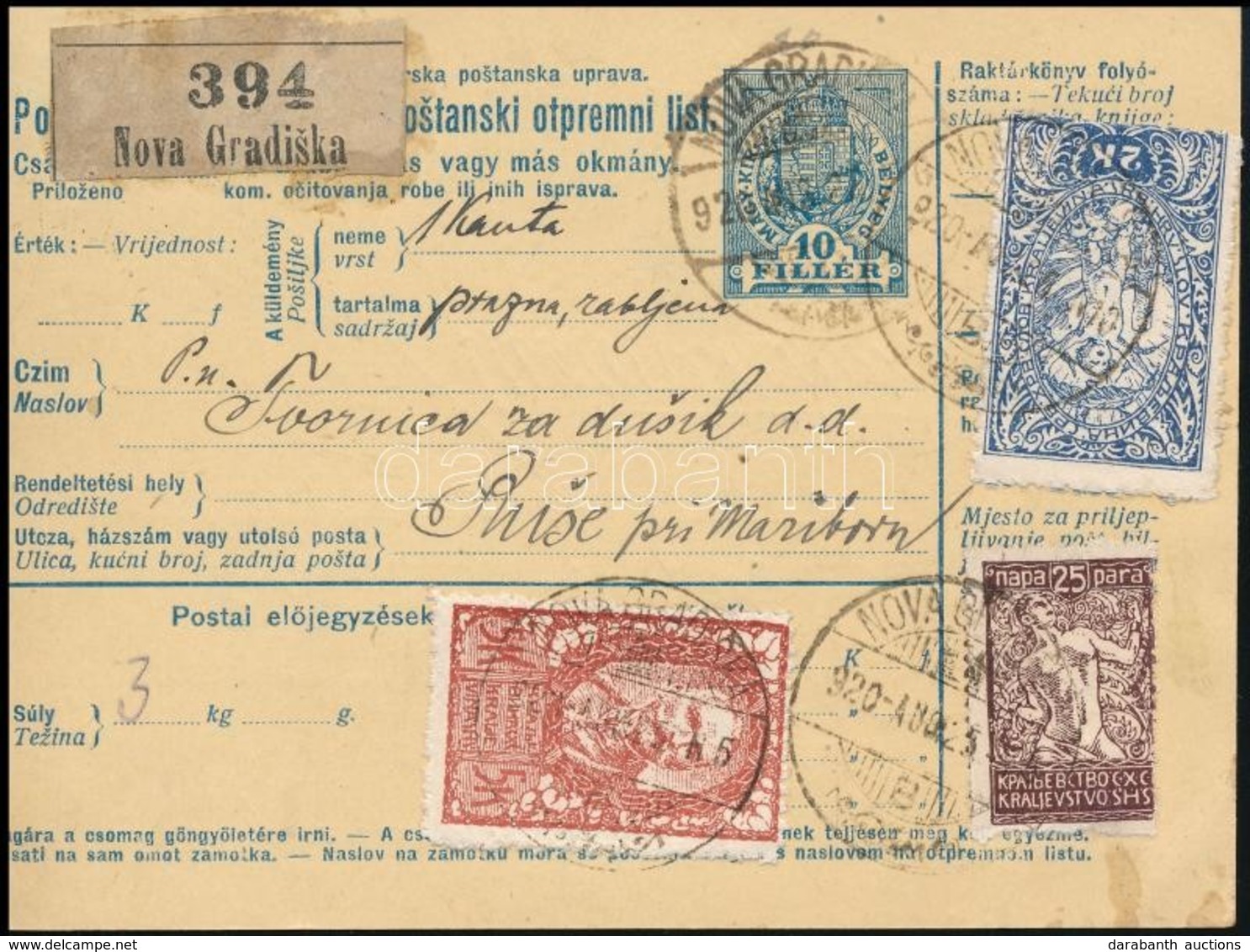 SHS 1920 Csomagszállító   Szlovén Bélyegekkel 'NOVA GRADISKA' - Other & Unclassified