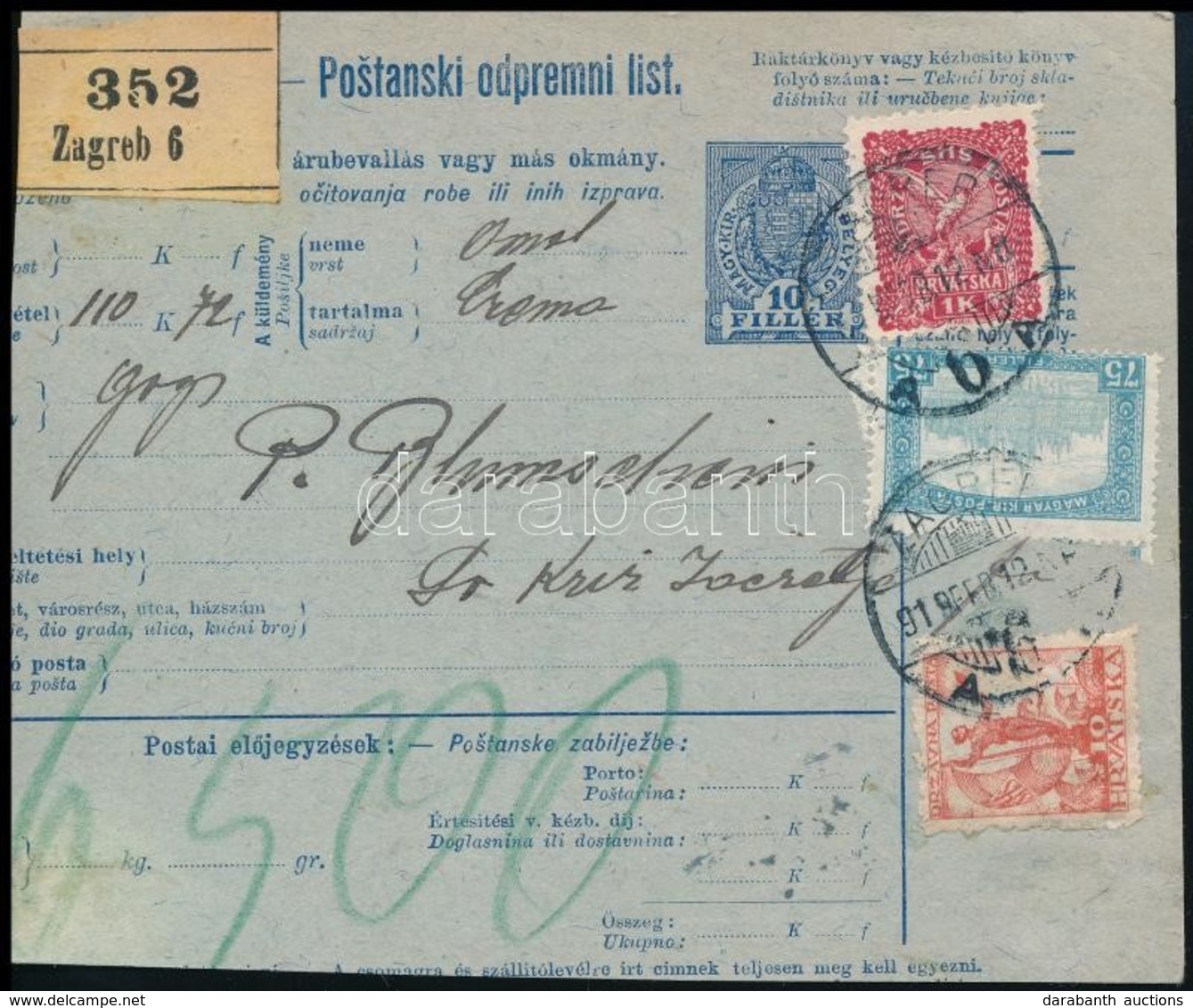SHS 1919 Csomagszállító   Magyar és Horvát Bélyegekkel 'ZAGREB' - Autres & Non Classés