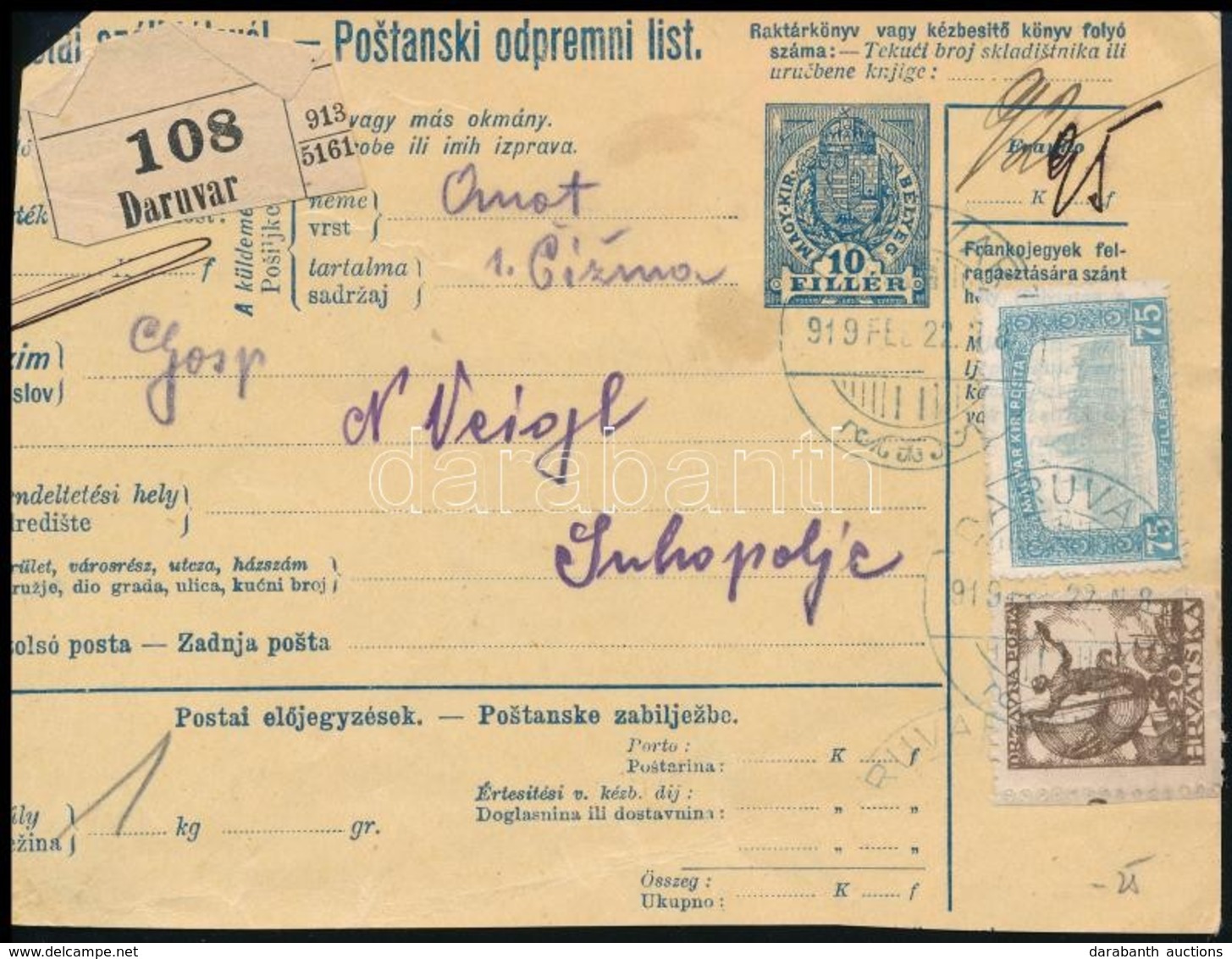 SHS 1918 Csomagszállító   Magyar és Horvát Bélyeggel 'DARUVAR' - Andere & Zonder Classificatie