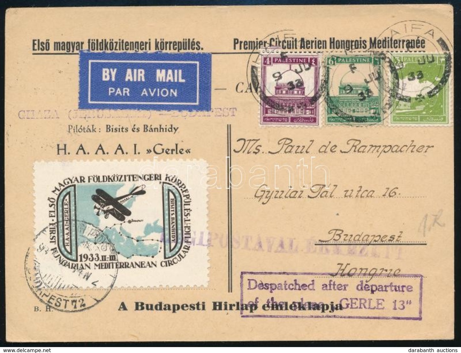 1933 Gerle Földközi Tengeri Körrepülés Levelezőlap / Mediterranean Round Flight Postcard GHAZA - BUDAPEST - Andere & Zonder Classificatie