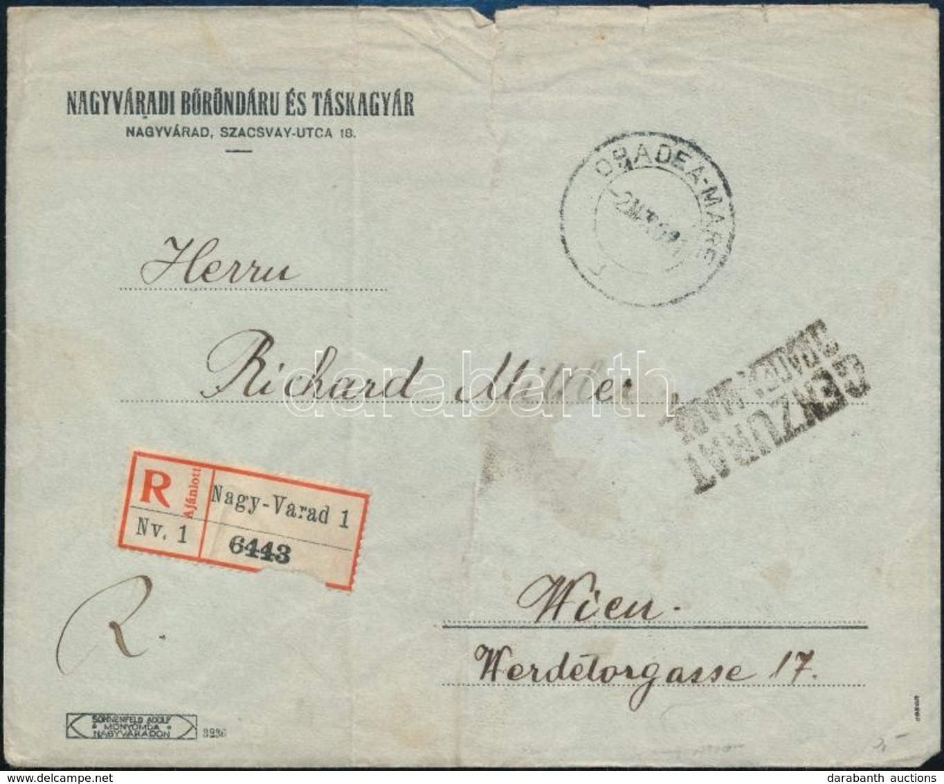 Nagyvárad 1921 Cenzúrás Ajánlott Levél Bécsbe. Signed: Bodor - Other & Unclassified