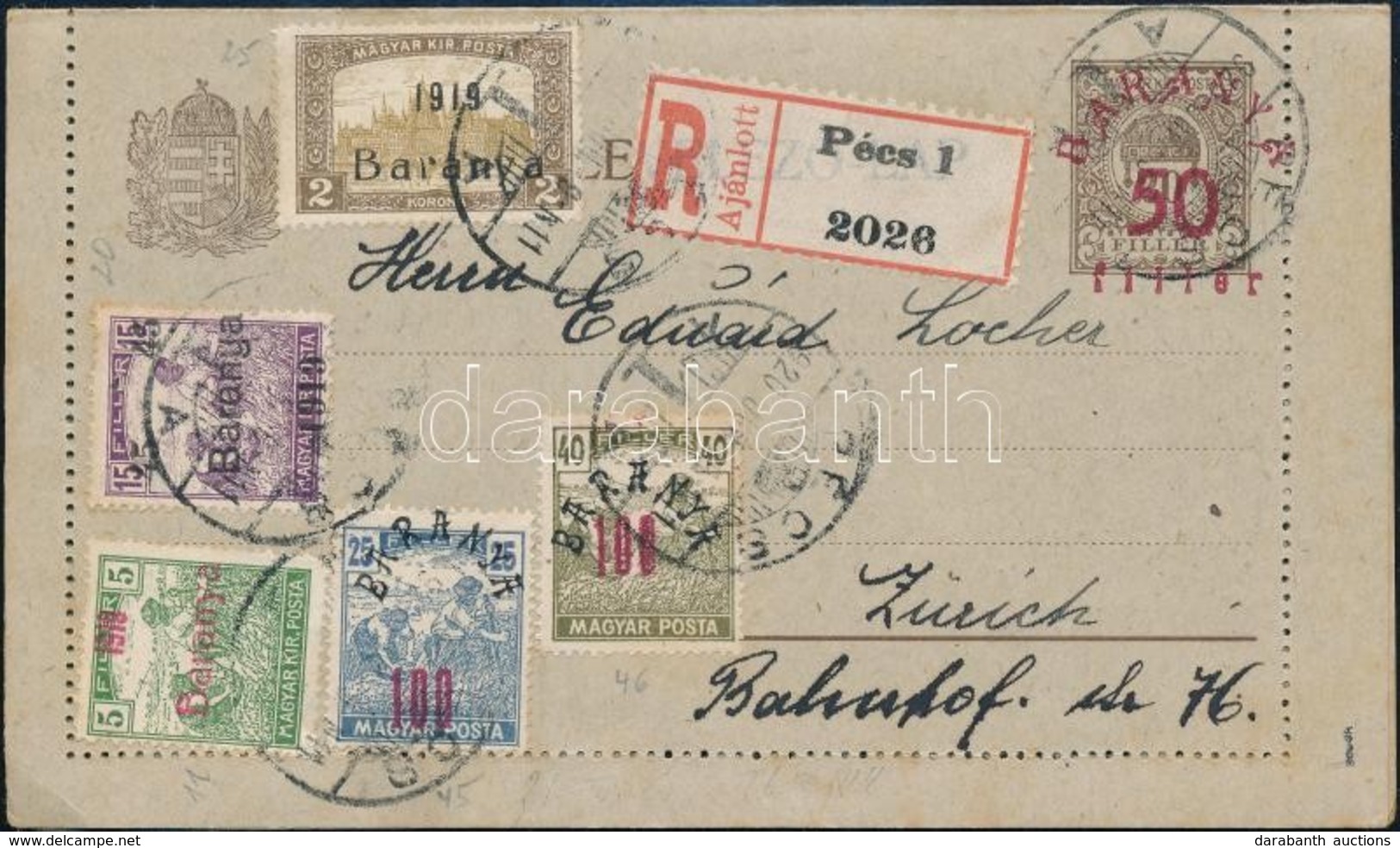 Baranya 1920 Díjkiegészített Ajánlott Díjjegyes Zárt Levelezőlap Svájcba. Signed: Bodor - Other & Unclassified