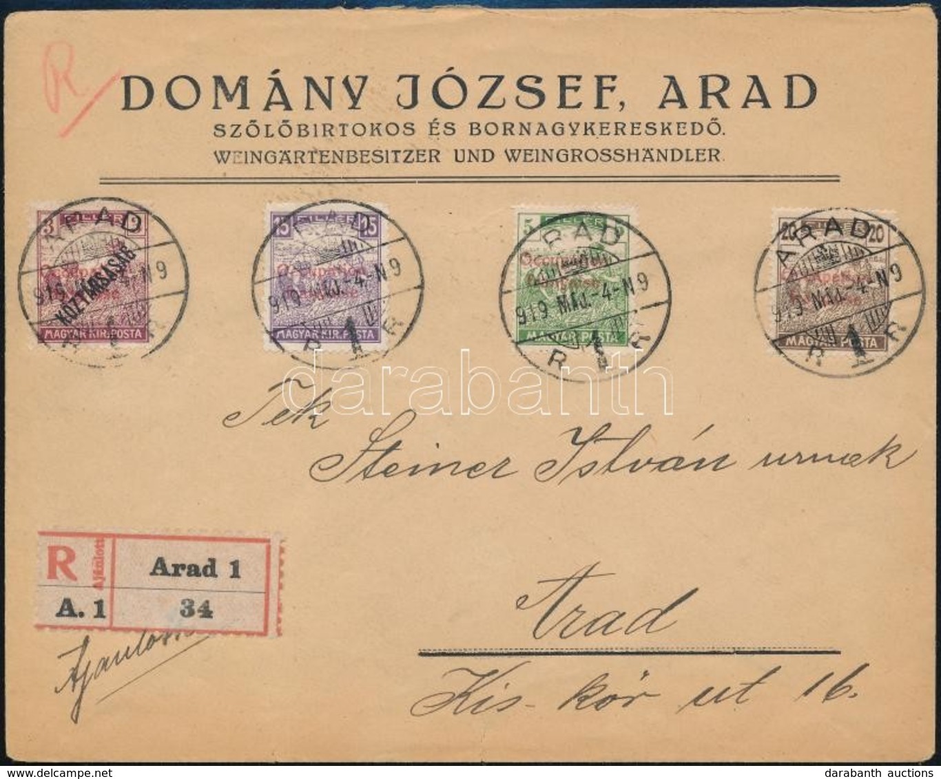 Arad 1919 Helyi Ajánlott Levél. Signed: Bodor - Otros & Sin Clasificación