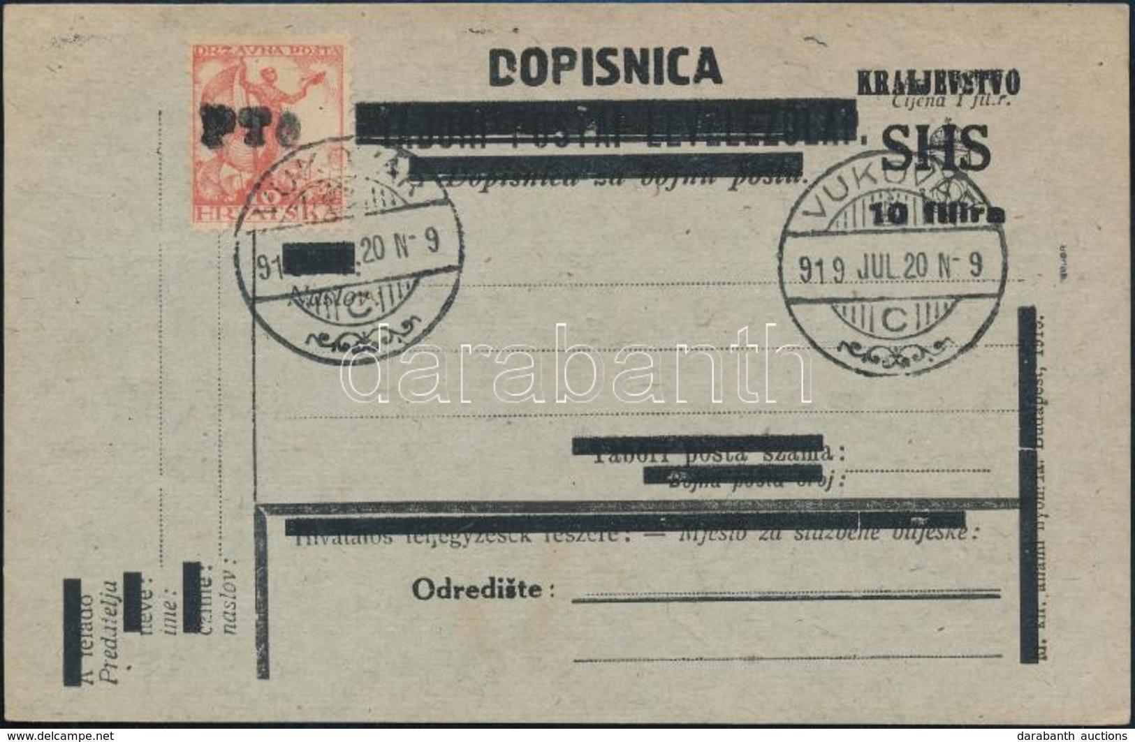 SHS 1919 Címzetlen Felülnyomott Magyar Tábori Lap, Rajta Horvát Bélyeg PTO Felülbélyegzéssel.  Signed: Bodor - Andere & Zonder Classificatie