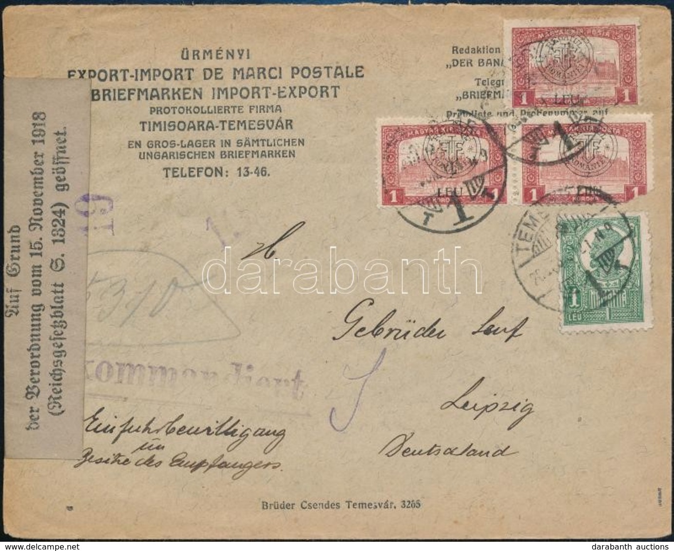 Kolozsvár 1921 Kolozsvári Felülnyomású Bélyegekkel + Román Bélyeggel Bérmentesített Ajánlott Levél Lipcsébe. Signed: Bod - Otros & Sin Clasificación