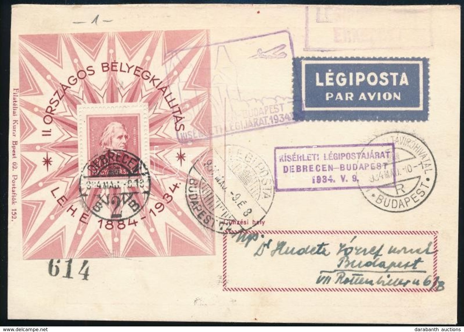 1934 LEHE Blokk Debrecen-Budapest Kísérleti Repülés Levélen - Andere & Zonder Classificatie