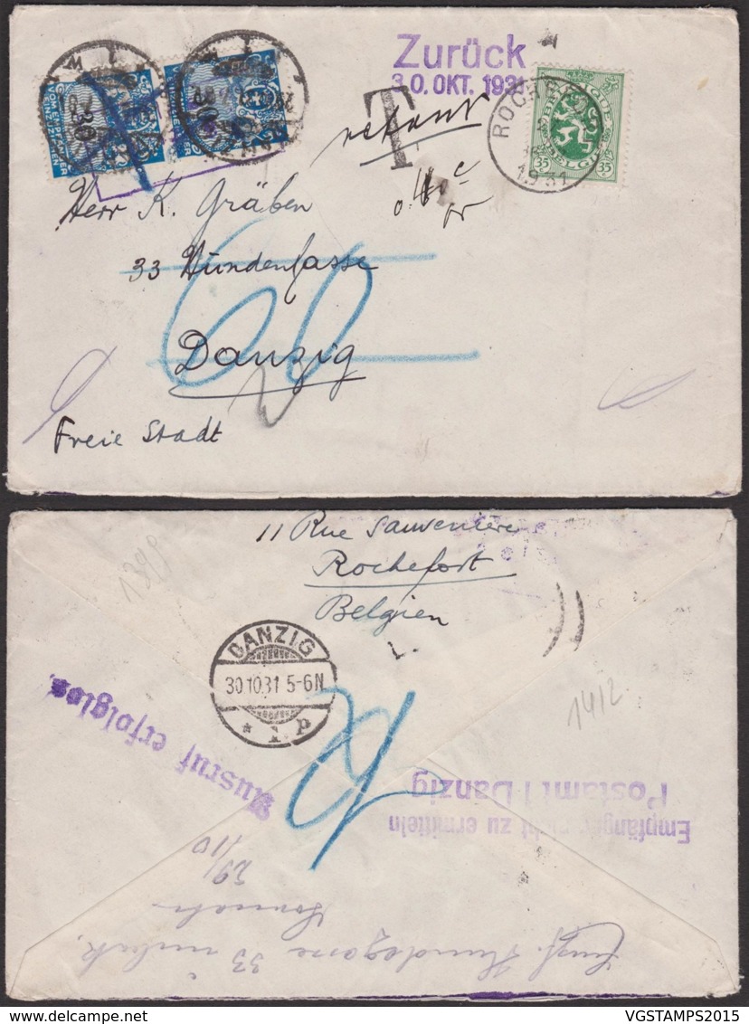 Belgique 1931 - Lettre COB 283 Sur Lettre De Rochefort Vers Danzig + Taxe + Retour (DD) DC3783 - Covers & Documents