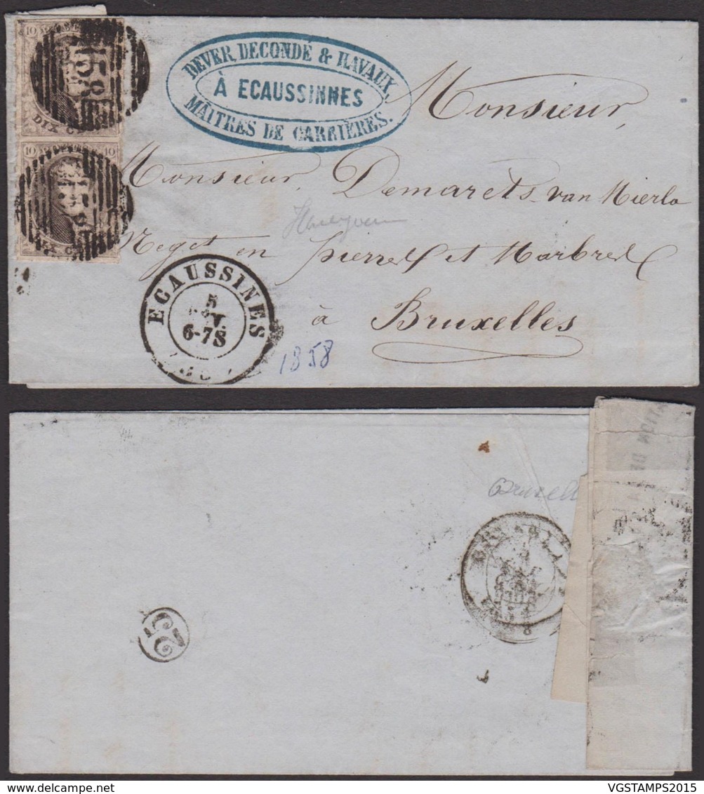 Belgique 1858 -  COB N° 6  En Paire Oblitération P 158 Ecaussines   (DD) DC 3806 - 1849-1865 Medaillen (Sonstige)