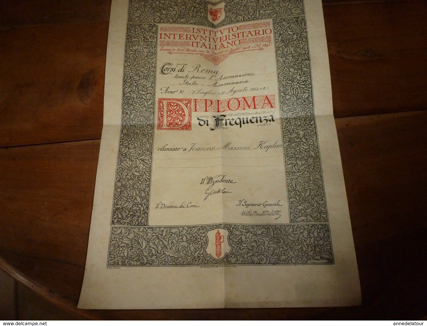 1928 INSTITUTO INTERUNIVERSITARIO ITALIANO - Corsi Di Roma - DIPLOMA Rilasciato A Jeanne Masson Kaplan - Collections