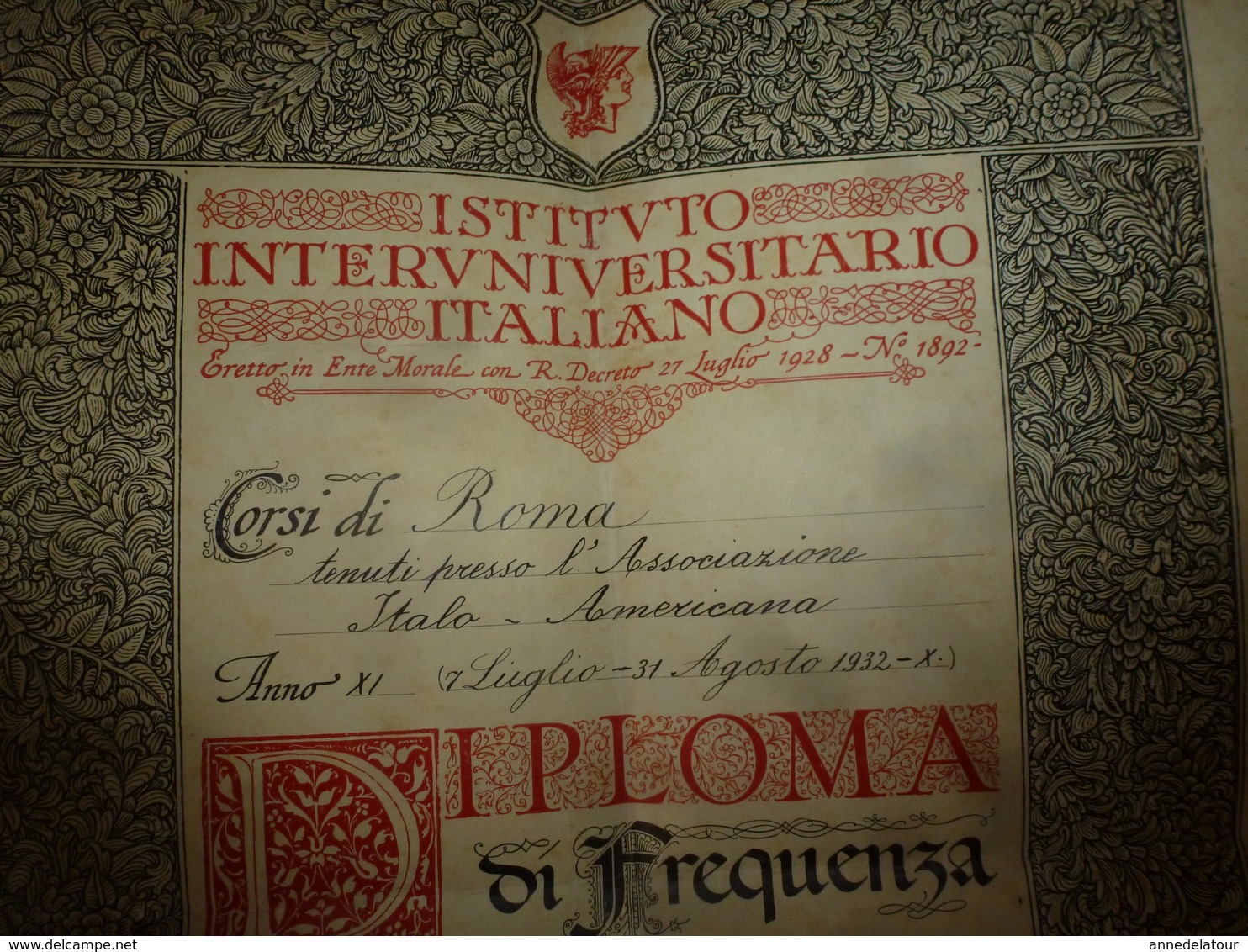 1928 INSTITUTO INTERUNIVERSITARIO ITALIANO - Corsi Di Roma - DIPLOMA Rilasciato A Jeanne Masson Kaplan - Collections