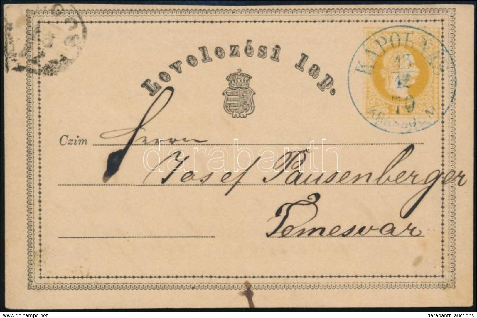 1870 Díjjegyes Levelezőlap Kék / Blue  'KÁPOLNÁS KRASSÓ M.' - Temesvár - Sonstige & Ohne Zuordnung