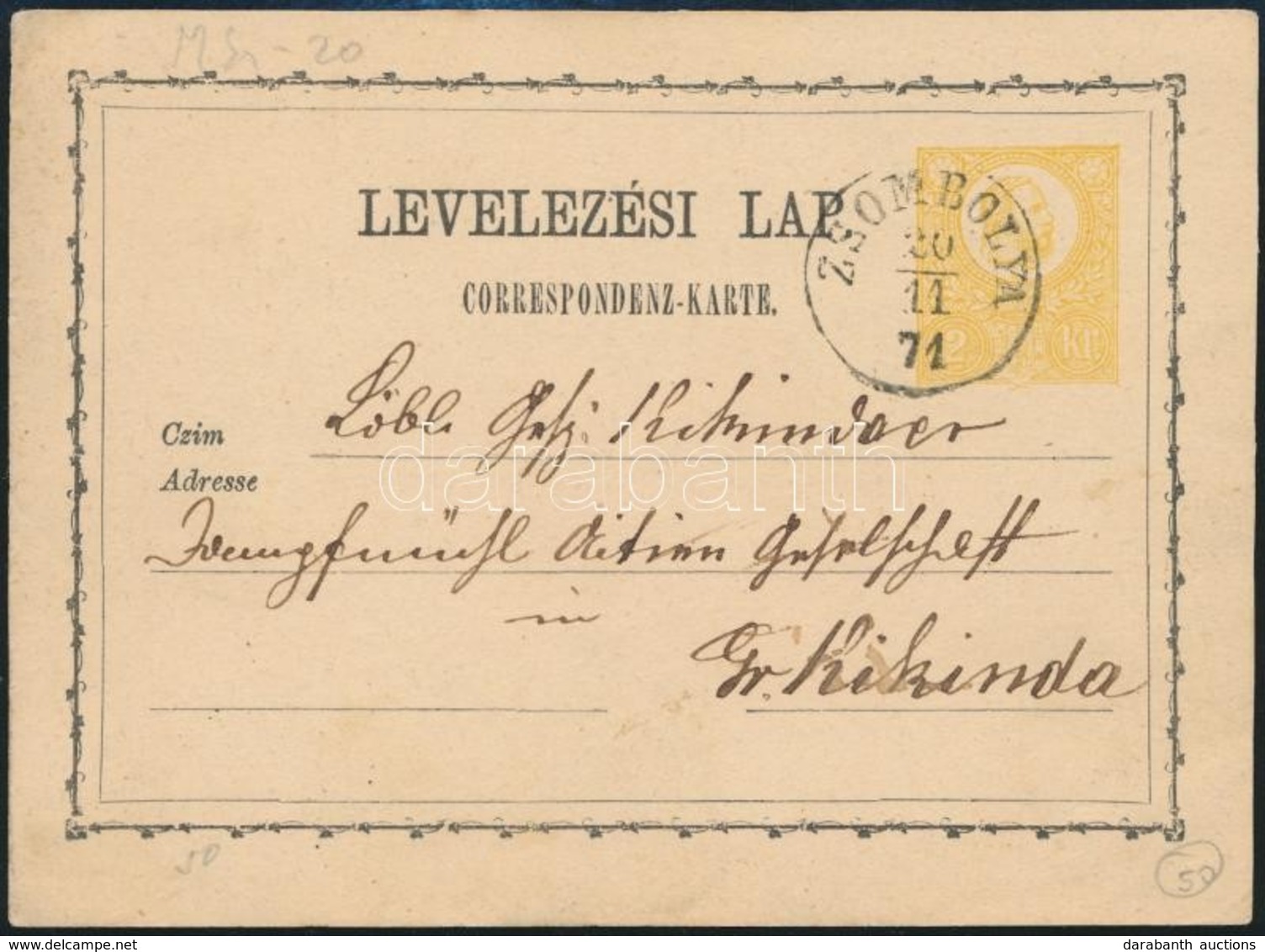 1871 Díjjegyes Levelezőlap 'ZSOMBOLYA' - Altri & Non Classificati