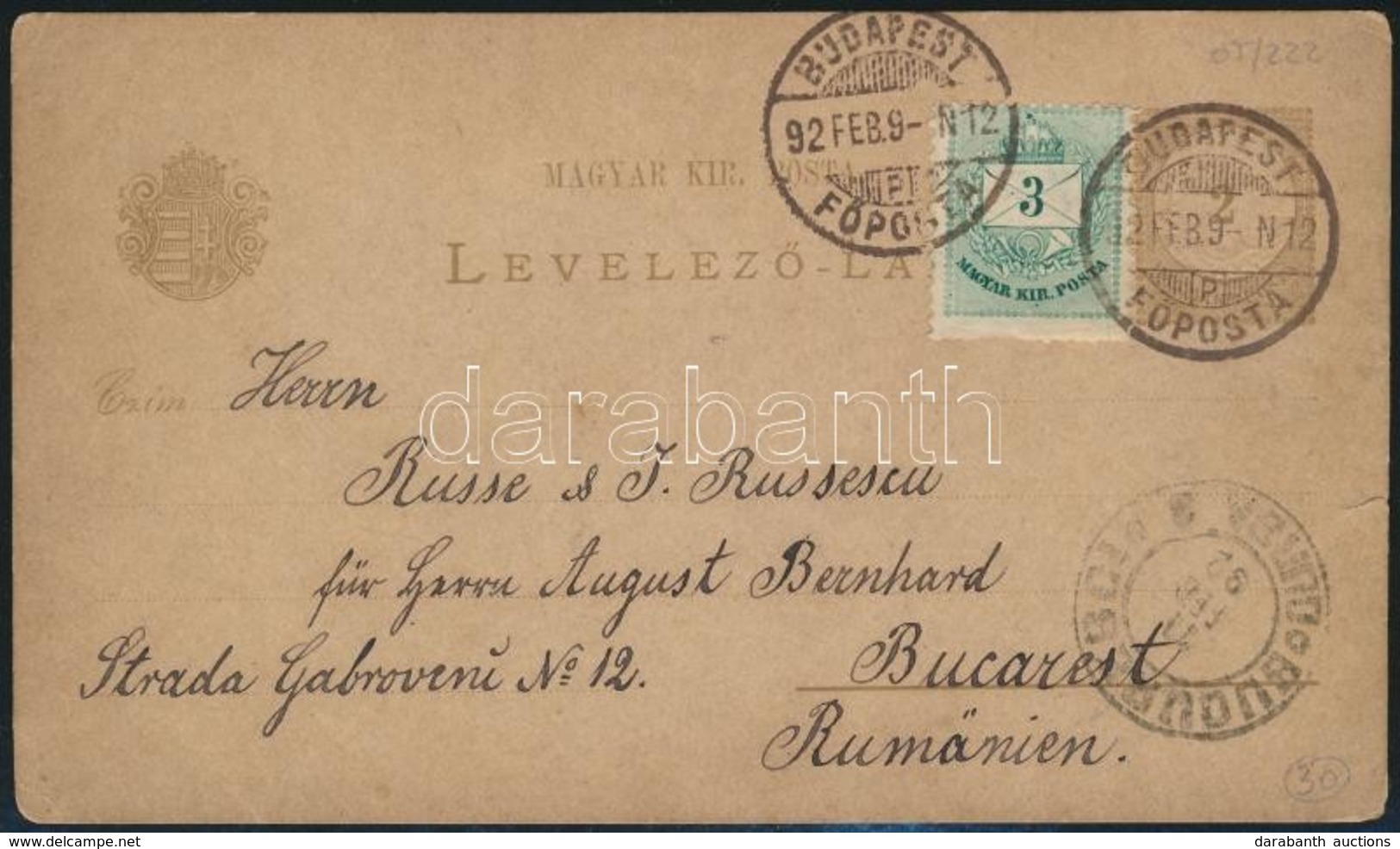 1892 2kr Díjjegyes Levelezőlap Színesszámú 3kr Díjkiegészítéssel Bukarestbe - Andere & Zonder Classificatie