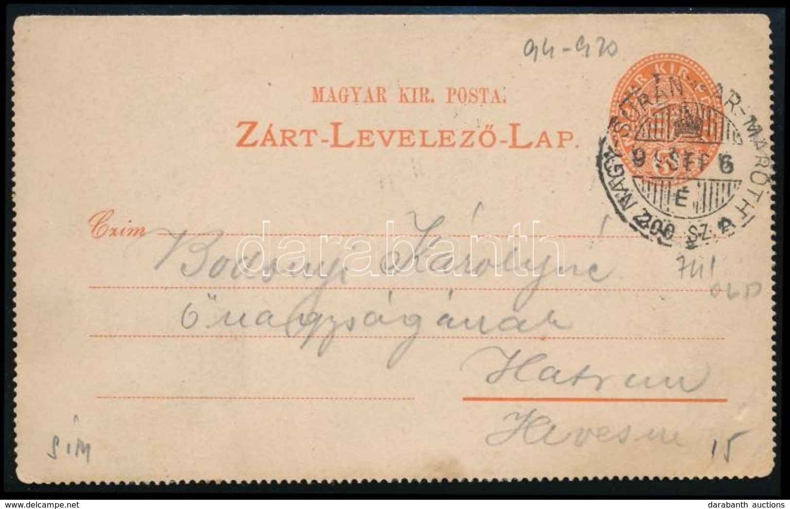 1899 Díjjegyes Zárt Levelezőlap 'NAGY-SURÁNY - AR.-MATÓTH' Mozgóposta Bélyegzéssel - Andere & Zonder Classificatie