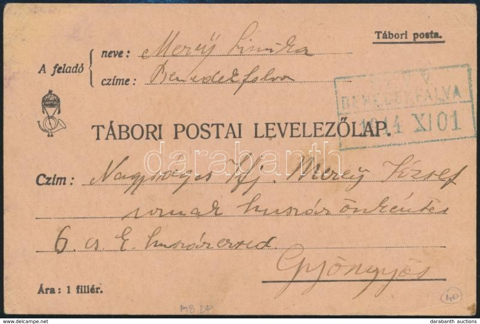 1914 Tábori Postára Küldött Lap 'Sz.V.V. BENEDEKFALVA' - Other & Unclassified