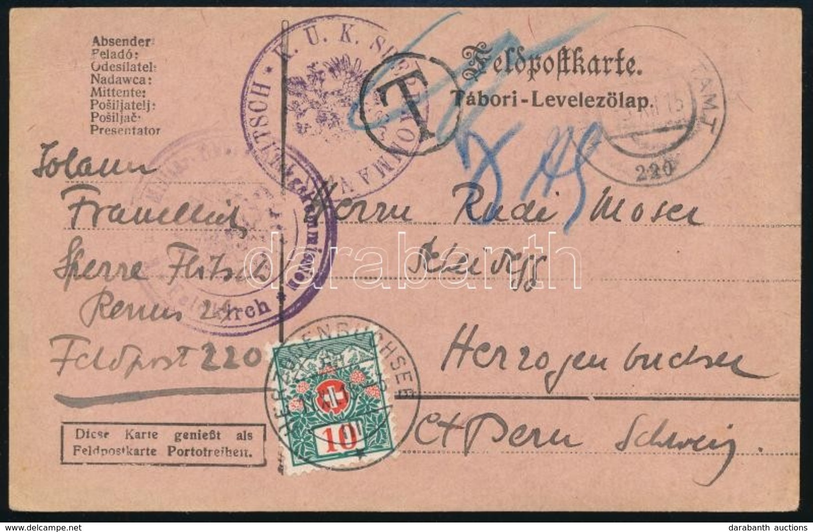 1915 Cenzúrás Tábori Posta Lap Svájcba, Portózva - Andere & Zonder Classificatie
