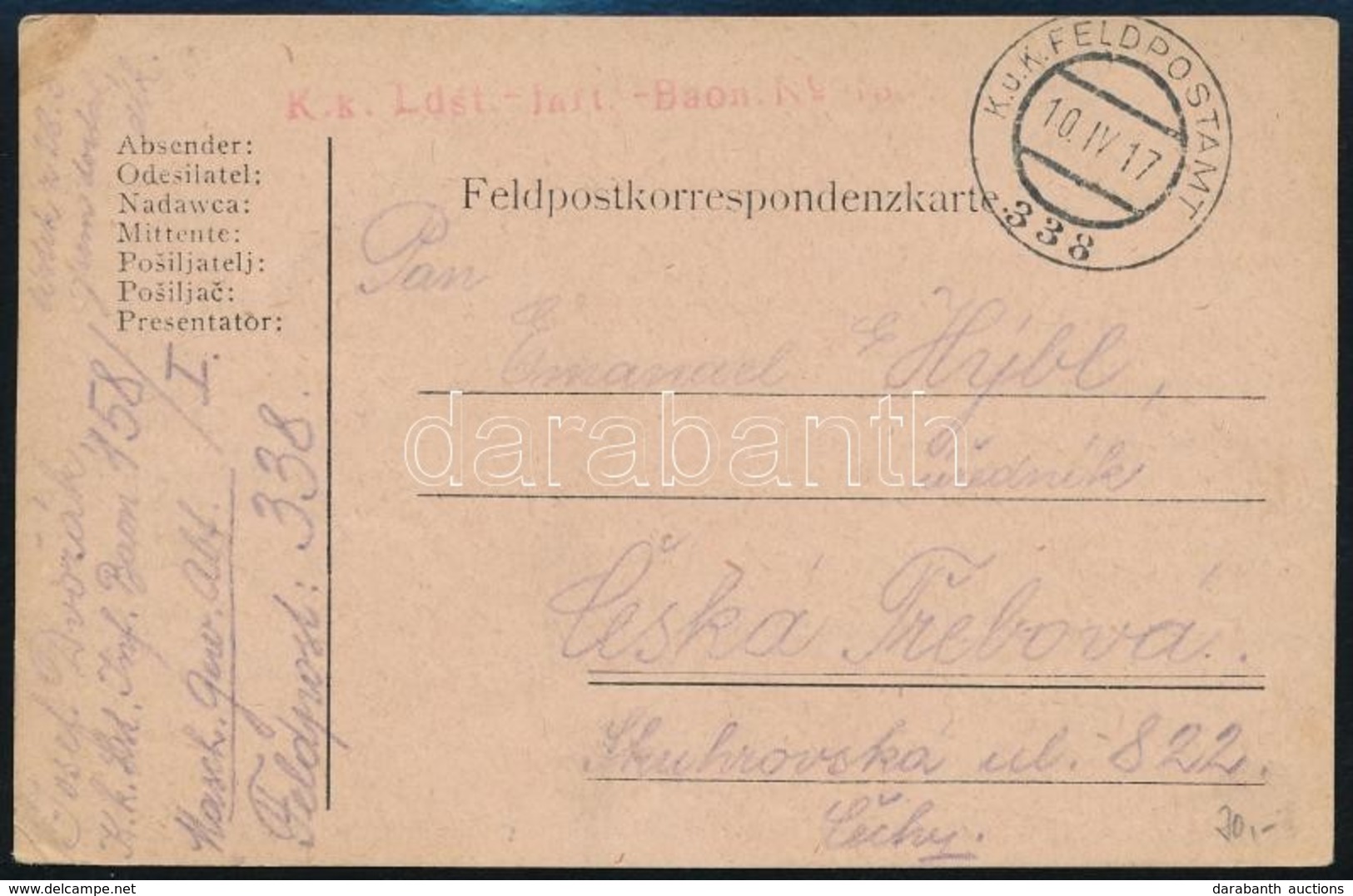 1917 Tábori Posta Levelezőlap 'K.k. Ldst. - Inrt. - Baon No.158' + 'FP 338' - Andere & Zonder Classificatie