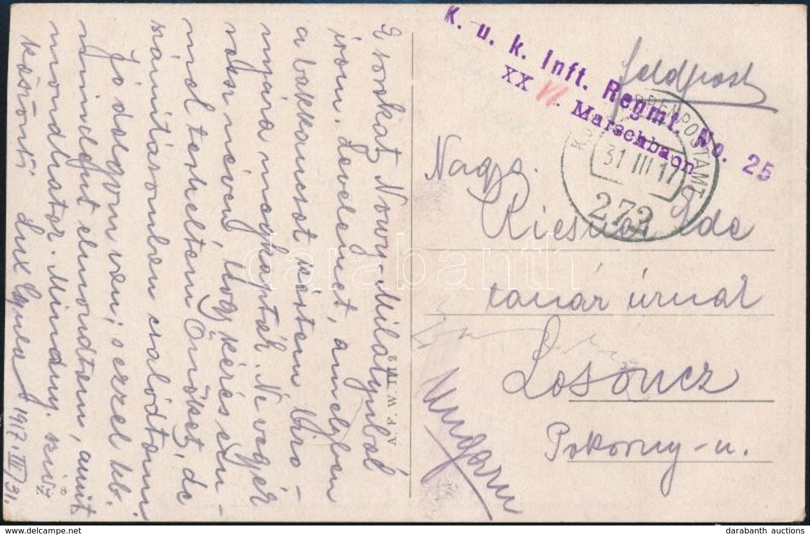 1917 Tábori Posta Képeslap 'K.u.k. Inft. Regmt. No.25.' + 'EP 272' - Otros & Sin Clasificación