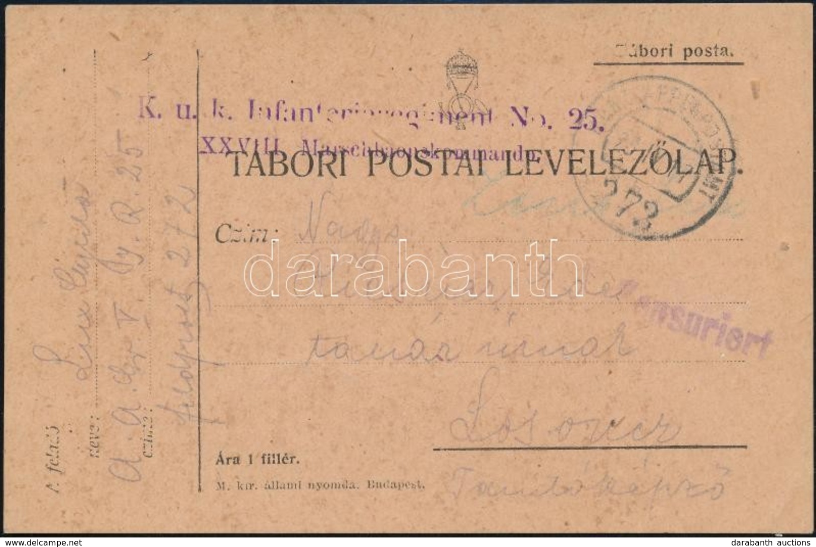 1917 Tábori Posta Levelezőlap 'K.u.K. Infanterieregiment No.25.' + 'EP 273' - Autres & Non Classés