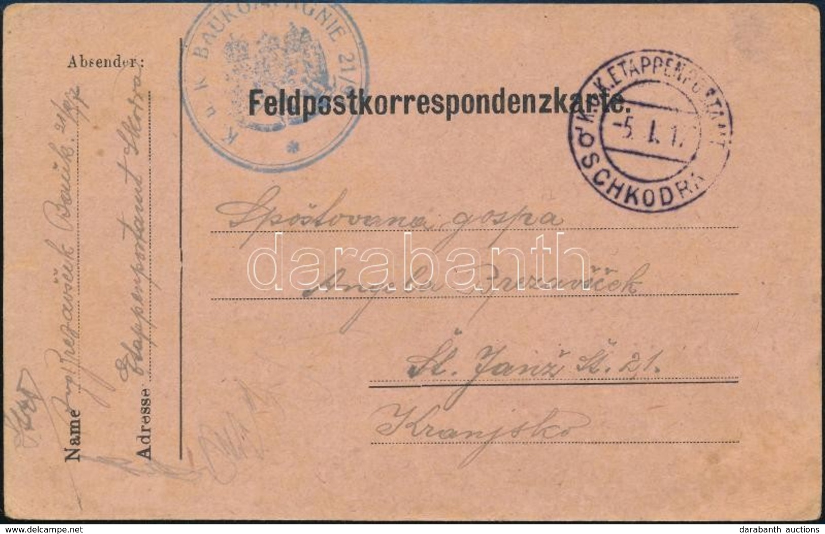 1917 Tábori Posta Levelezőlap 'K.u.K. BAUKOMPAGNIE 21/97' + 'EP SCHKODRA B' - Andere & Zonder Classificatie