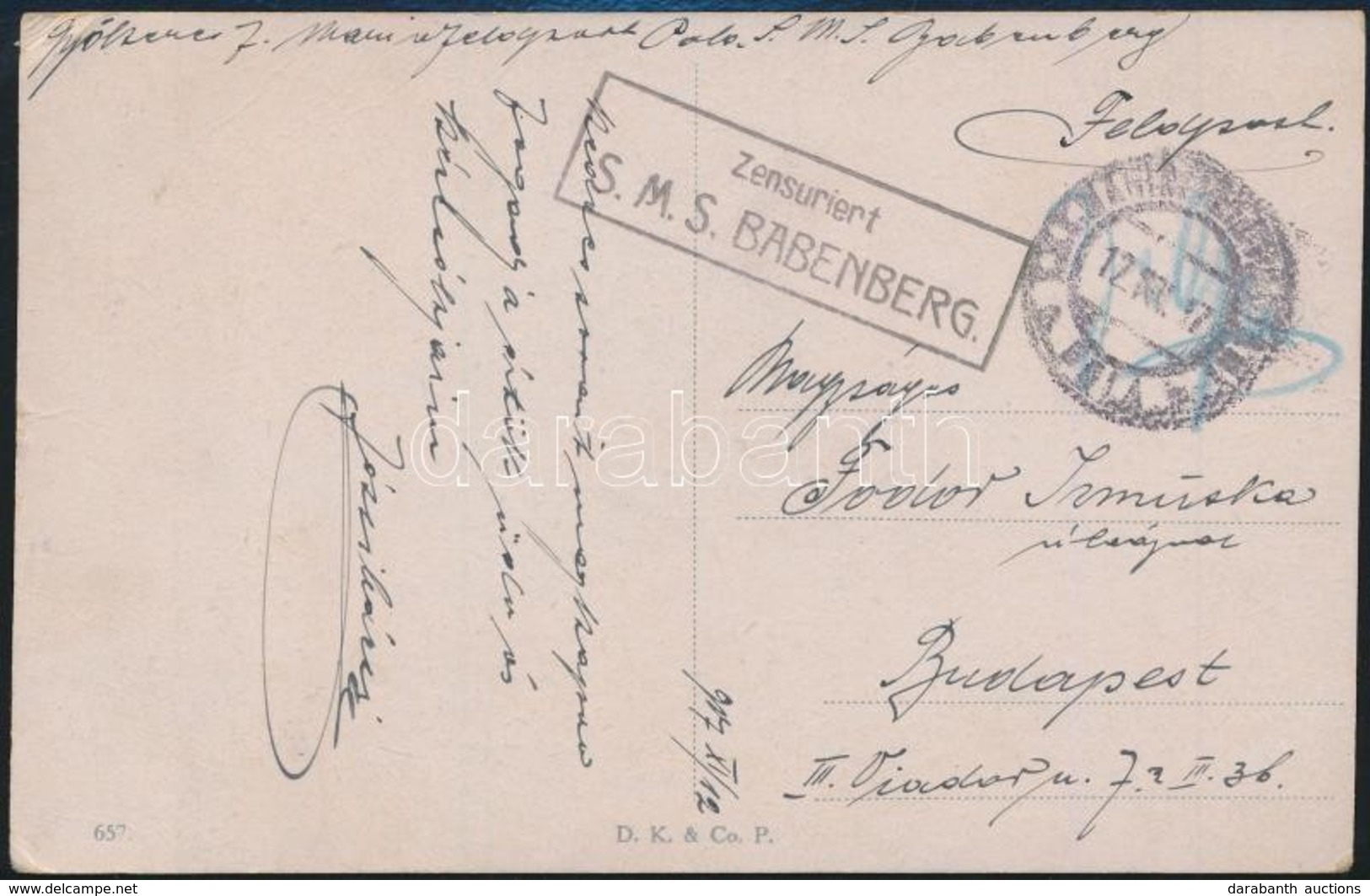 1917 Képeslap / Postcard 'ZENSURIERT S.M.S. BABENBERG' - Andere & Zonder Classificatie