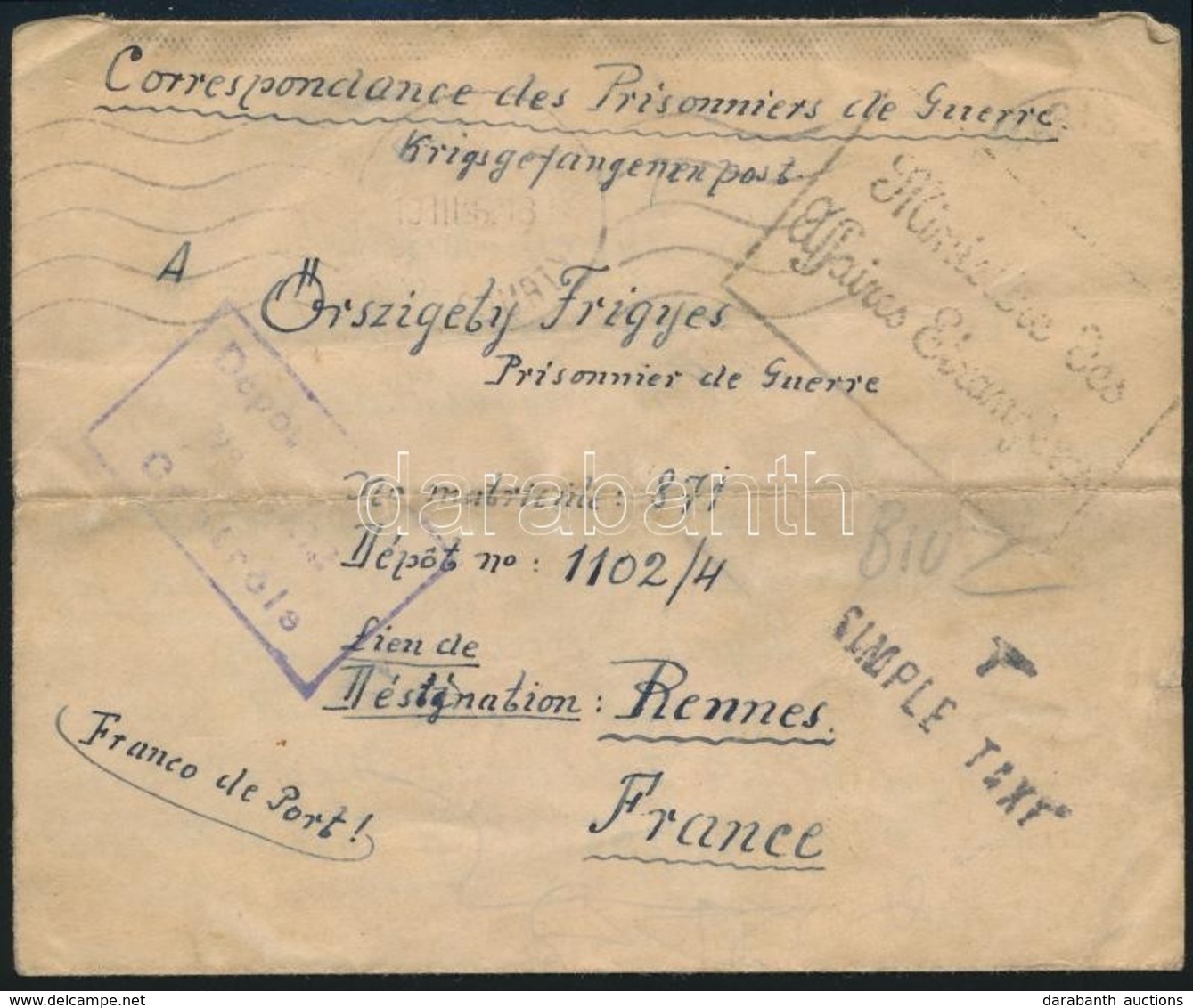 1916 Levél Franciaországba Magyar Hadifogolynak / Cover To France To Hungarian P.O.W. - Other & Unclassified