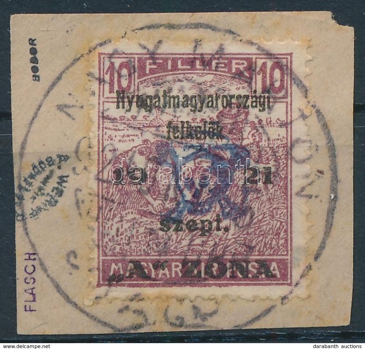 Nyugat-Magyarország II. 1921 Arató 10f Kivágáson, Bodor Vizsgálójellel (7.500) - Andere & Zonder Classificatie
