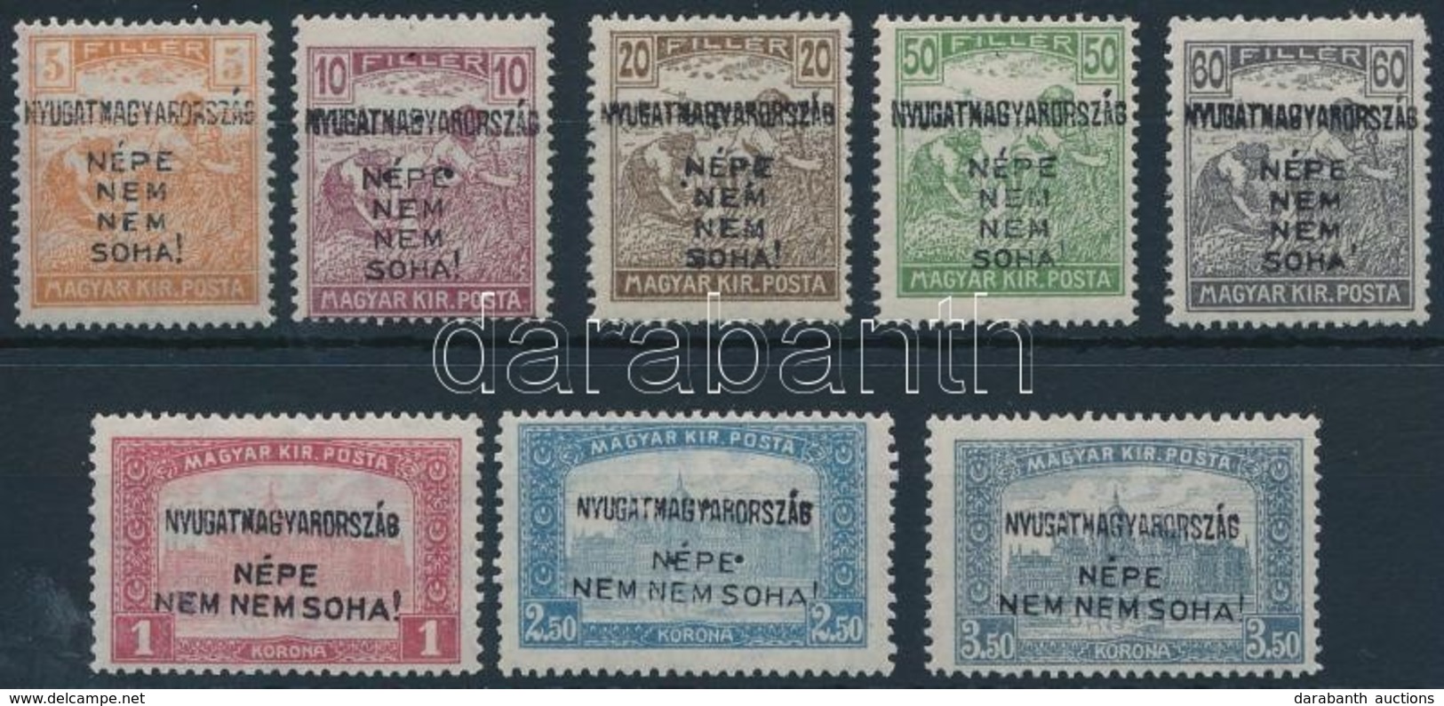 ** * Nyugat-Magyarország IV. 1921 8 Klf Bélyeg Bodor Vizsgálójellel, Közte 3 Db Hármaslyukasztás (39.250) (5f Falcos / H - Other & Unclassified