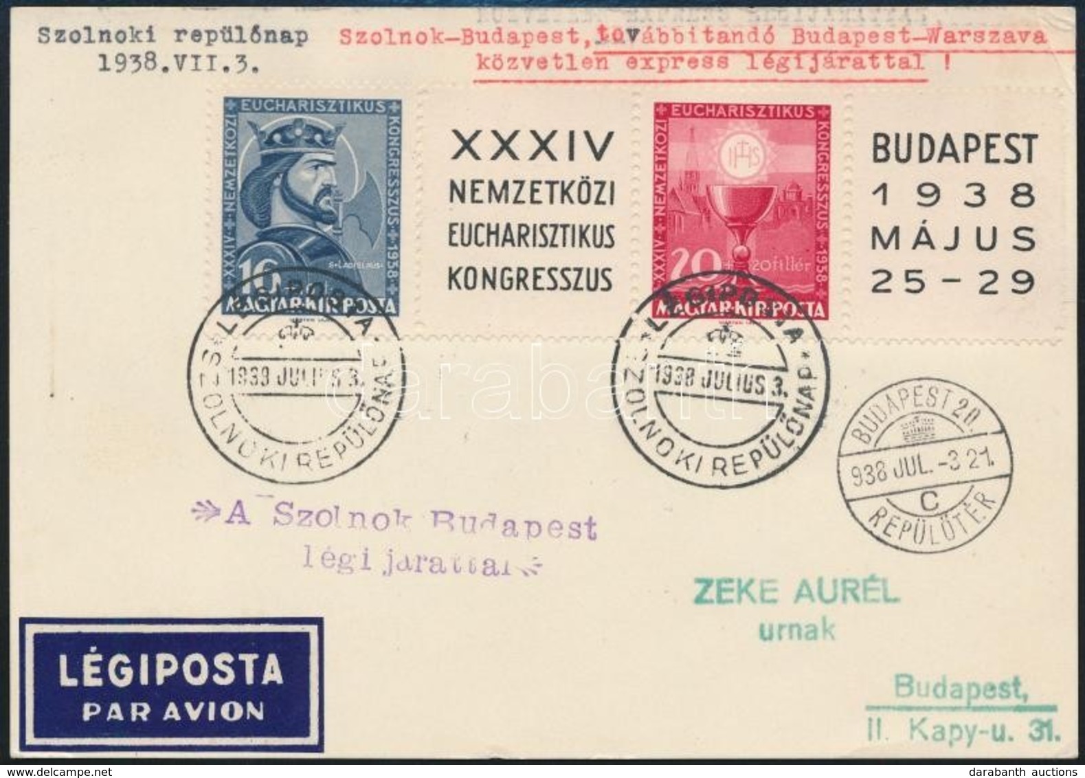 1938 Légiposta Levél A Blokk Kitépett Eucharisztikus 2 Db Bélyeggel - Andere & Zonder Classificatie