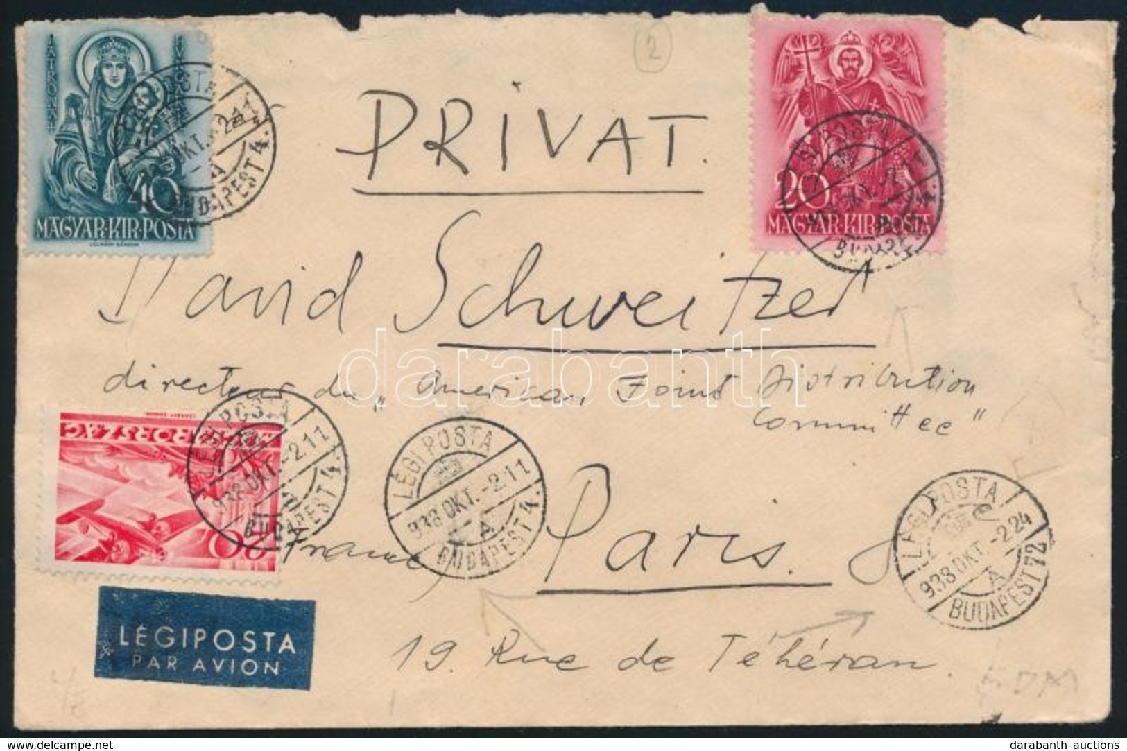 1938 Légi Levél Párizsba / Airmail Cover To Paris - Otros & Sin Clasificación