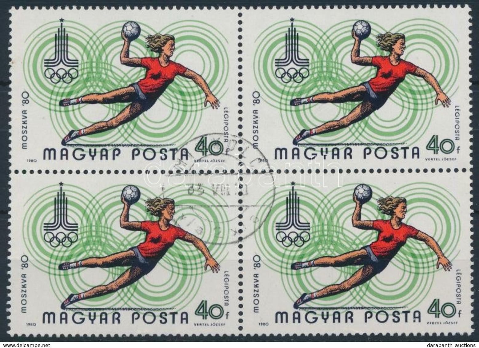 O 1980 Moszkvai Olimpia Négyestömb Benne 'MAGYAP' Feliratú Bélyeg - Otros & Sin Clasificación