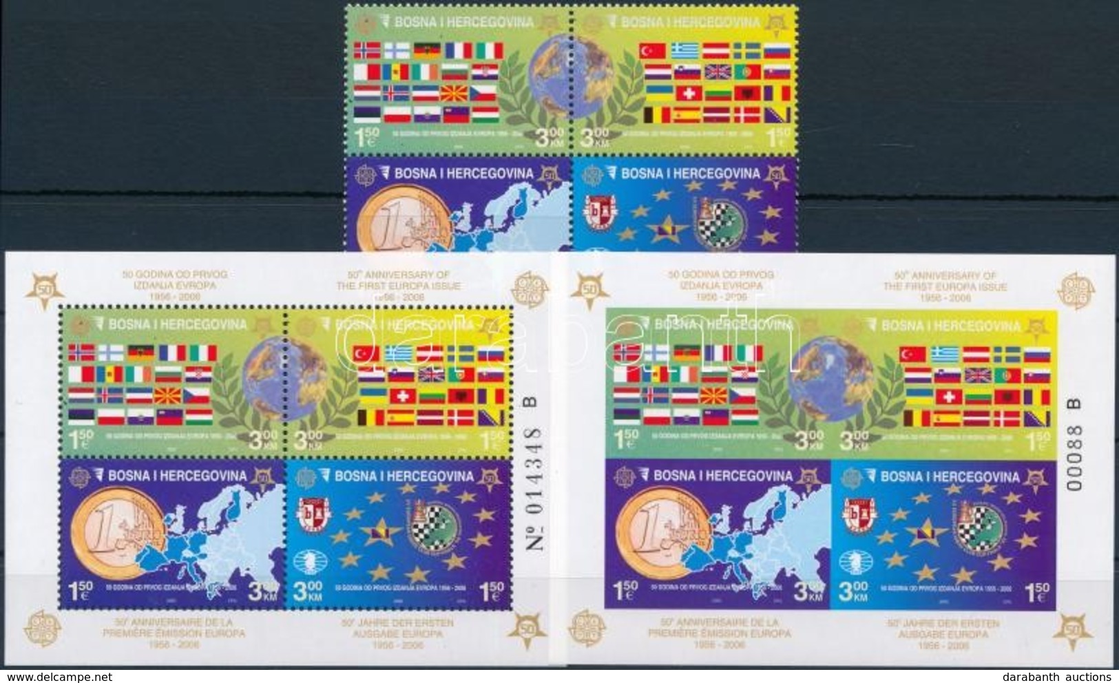 ** 2005 50 éves Az Europa CEPT Négyestömb + Fogazott és Vágott Blokk,
Europa CEPT Block Of 4 + Perforated And Imperforat - Autres & Non Classés