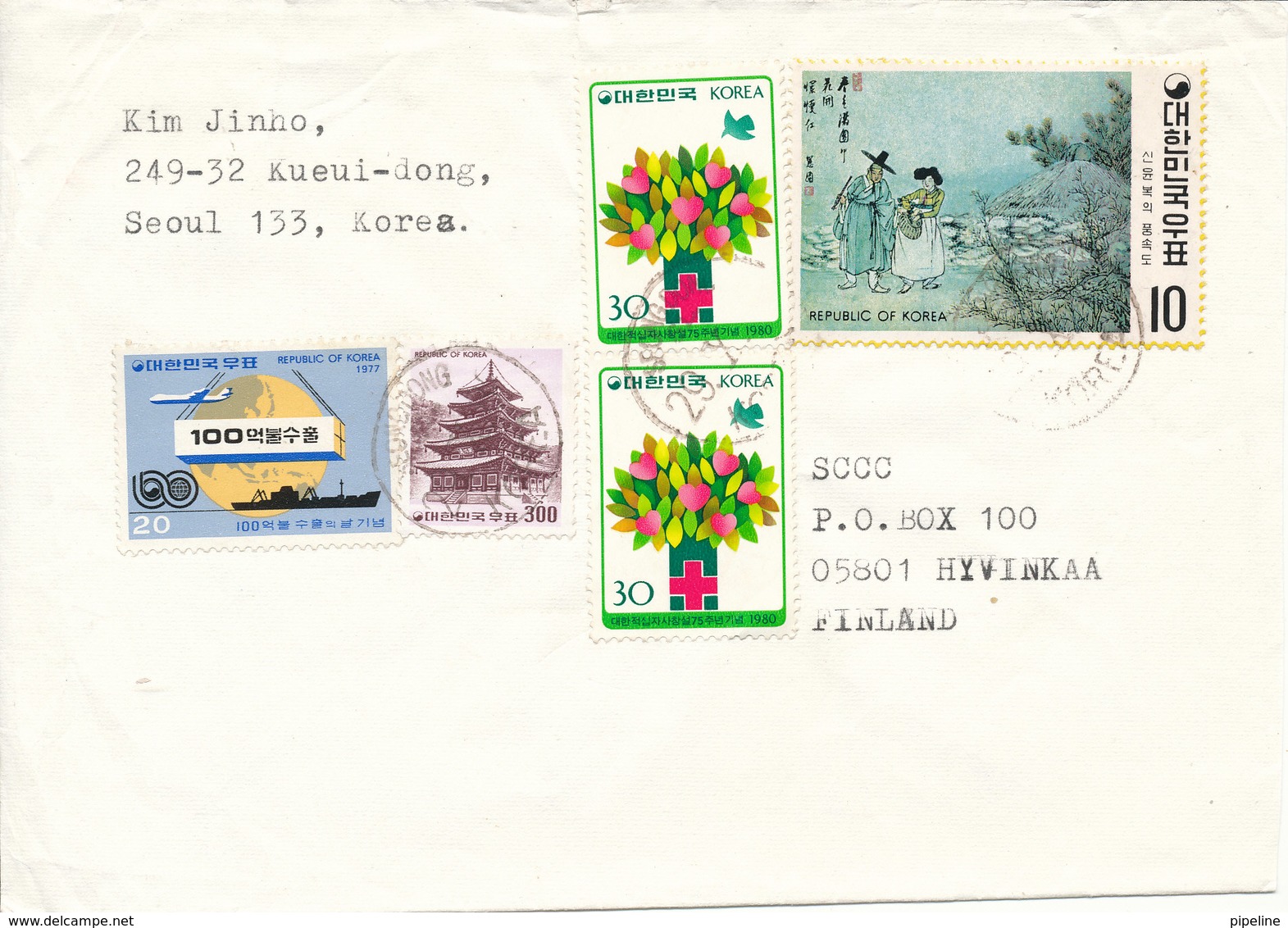 Korea South Cover Sent To Finland  With MAP On One Of The Stamps - Korea, South