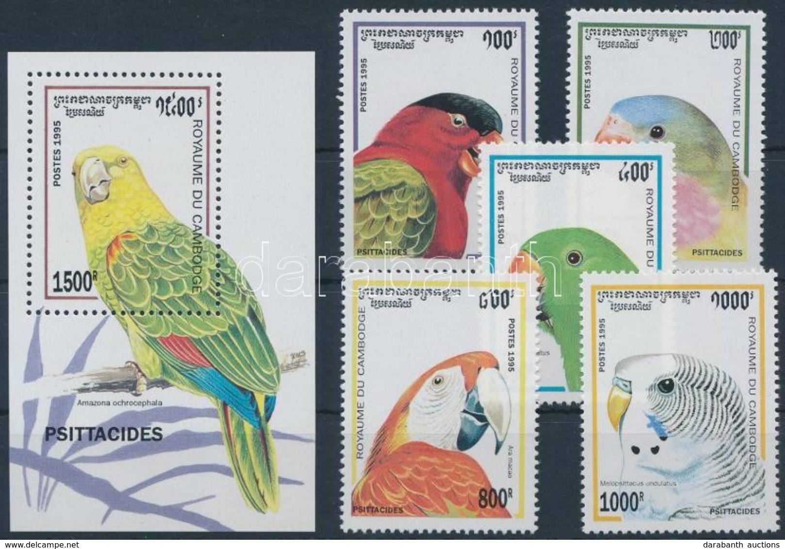 ** 1995 Papagájok Sor + Blokk,
Parrots Set + Block
Mi 1514-1518 + Mi 213 - Otros & Sin Clasificación