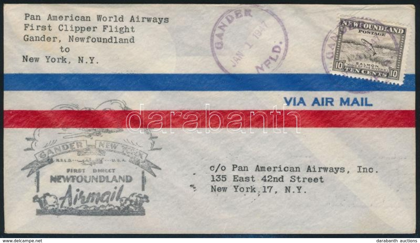 Újfundland / Newfoundland 1947 Első Repülés Levél / First Flight Cover Gander - New York - Other & Unclassified