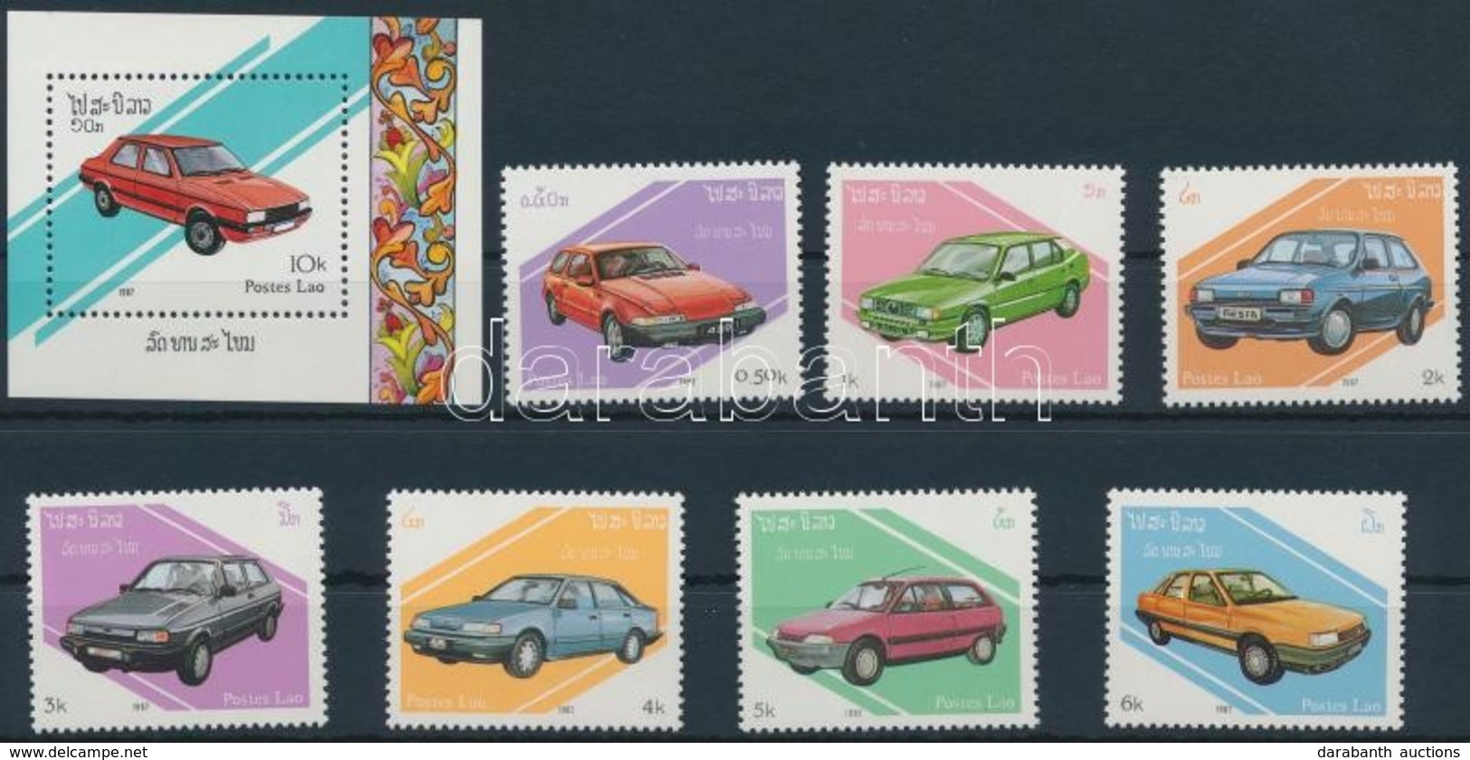 ** 1987 Autók Sor + Blokk,
Cars Set + Block
Mi 1010-1016 + Mi 117 - Otros & Sin Clasificación