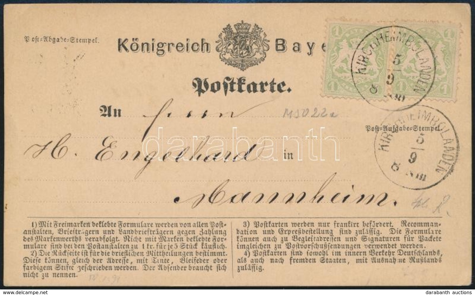 1874 Levelezőlap 2 X 1kr Bélyeggel / Postcard With 2 X 1kr Stamps 'KIRCHHEIMBOLANDEN' - Otros & Sin Clasificación