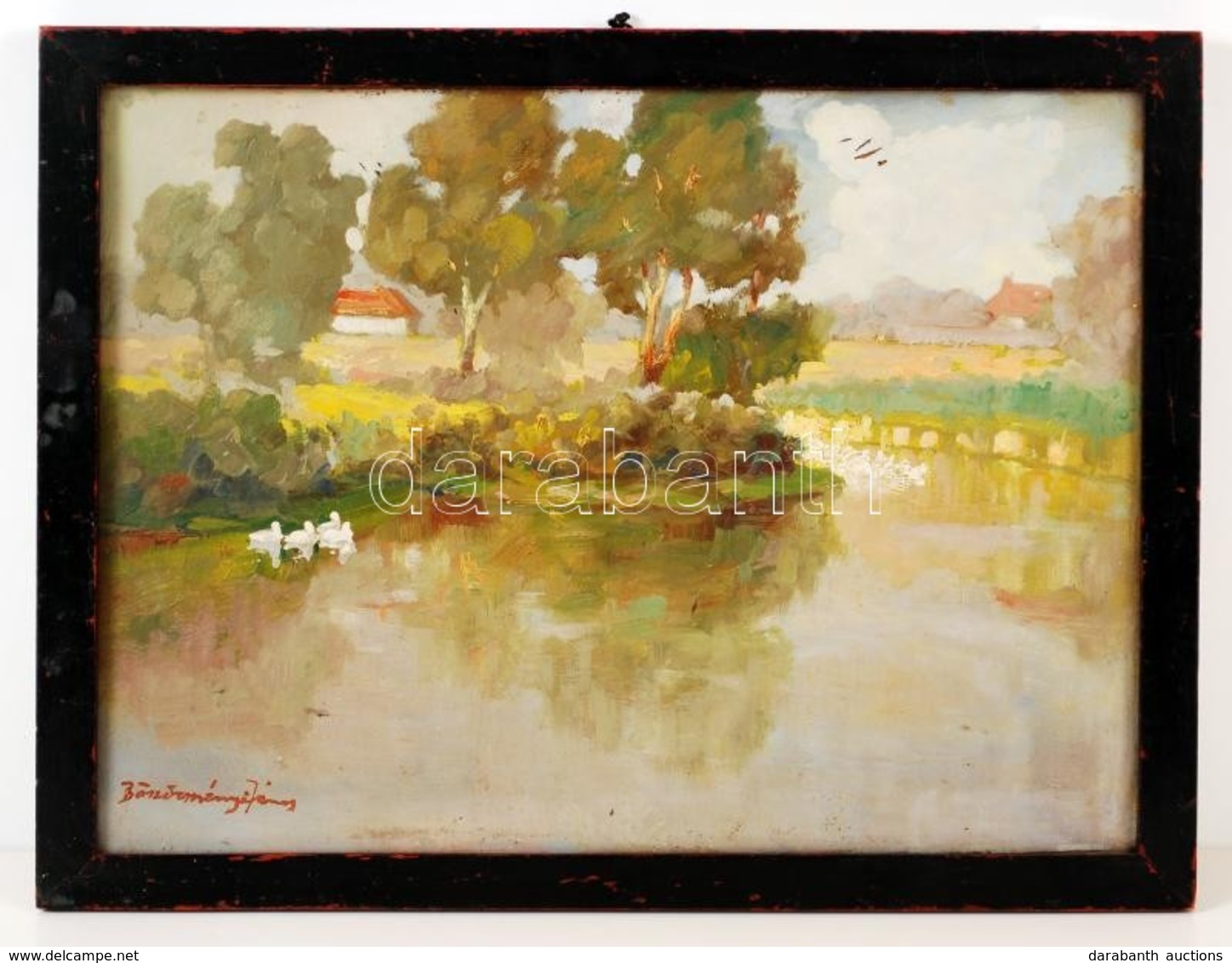 Böszörményi János (1883-?): Tópart. Olaj, Karton, Jelzett, üvegezett Keretben 24×30 Cm - Otros & Sin Clasificación