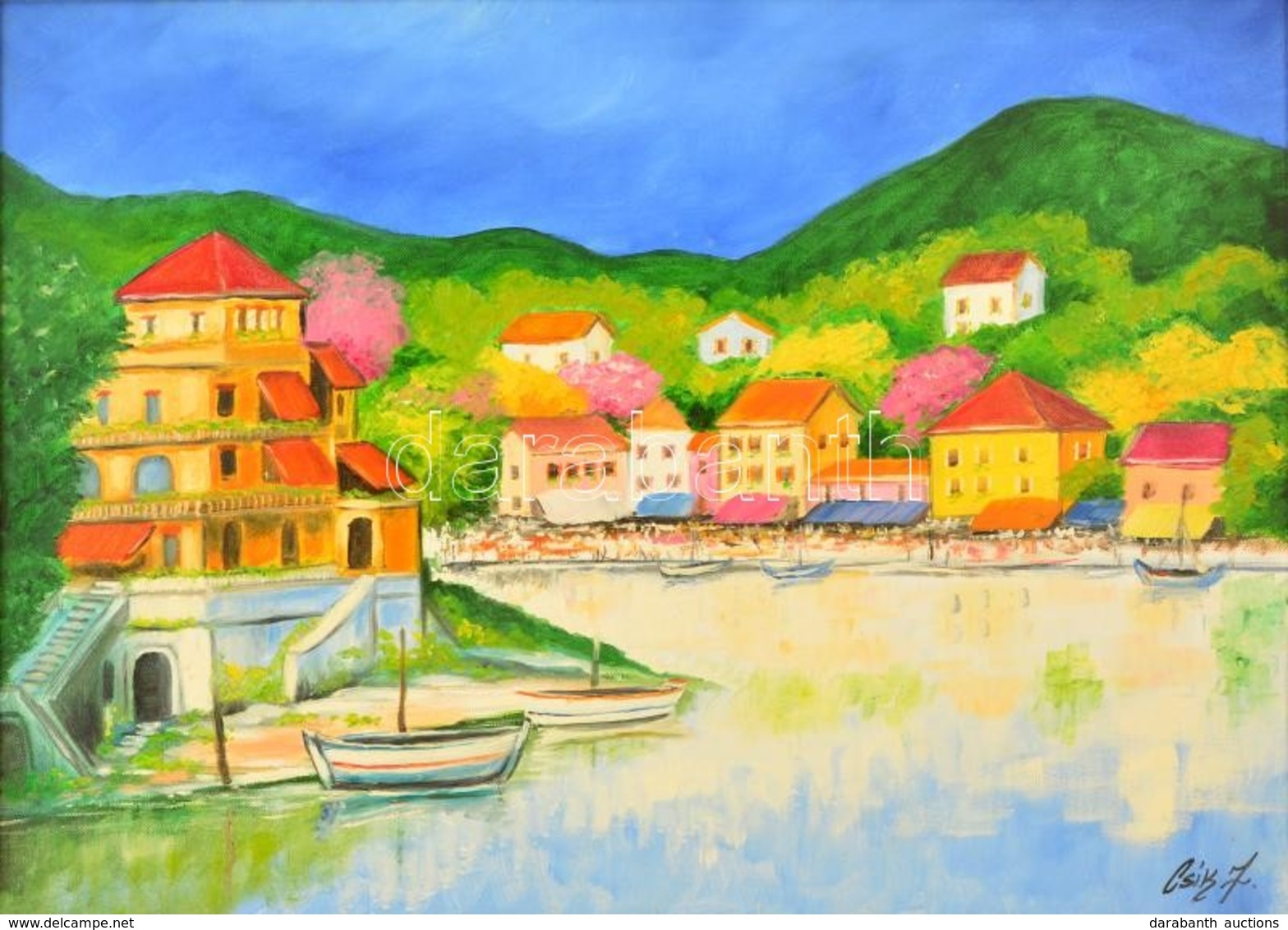 Csík János (1975-): Mediterrán álom. Olaj, Vászon, Jelzett, Keretben, 50×70 Cm - Otros & Sin Clasificación