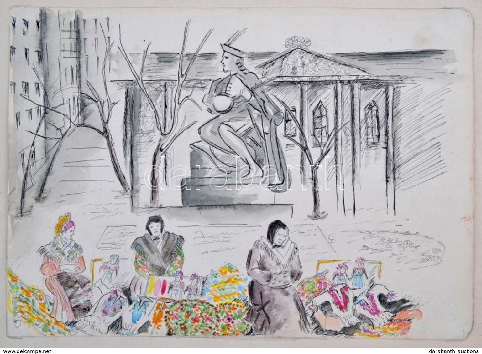 Mannheim Róza (1880-1965): Corvin áruháznál. Akvarell, Papír, Jelzés Nélkül, Apró Szakadással, 24×34 Cm - Otros & Sin Clasificación