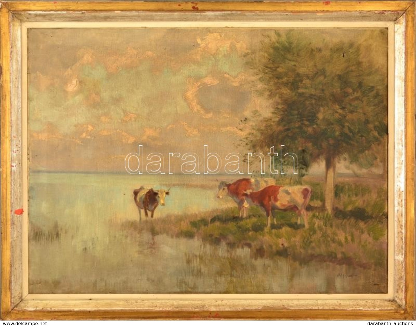 Olgyay Ferenc (1872-1939): Tehenek A Balaton Partnál. Olaj, Vászon (lyukas Foltos), Jelzett, Keretben, 60×80 Cm - Other & Unclassified