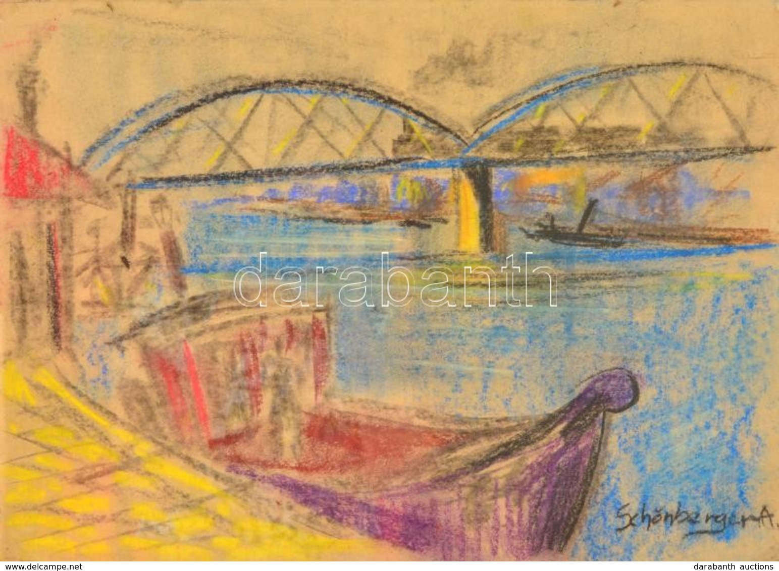 Schönberger Jelzéssel: Hajók A Hídnál. Pasztell, Papír, üvegezett Keretben, 31×45 Cm - Otros & Sin Clasificación