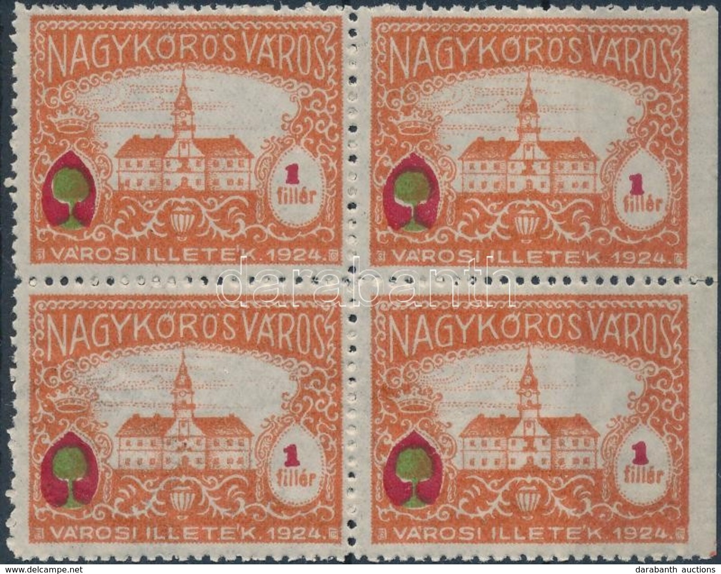 1924 Nagykőrös Városi Illetékbélyeg Négyestömb 1f, Jobb Oldalon Vágott (9.500) - Unclassified