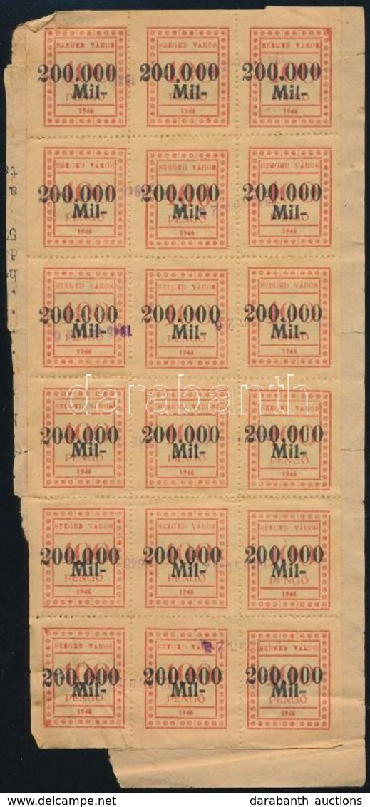 1946 Szeged Városi 200.000mP/400P Illetékbélyeg Teljes ív Kivágáson (67.500) (bal Alsó Sarok Szakadt, Törött, Sérült) - Zonder Classificatie