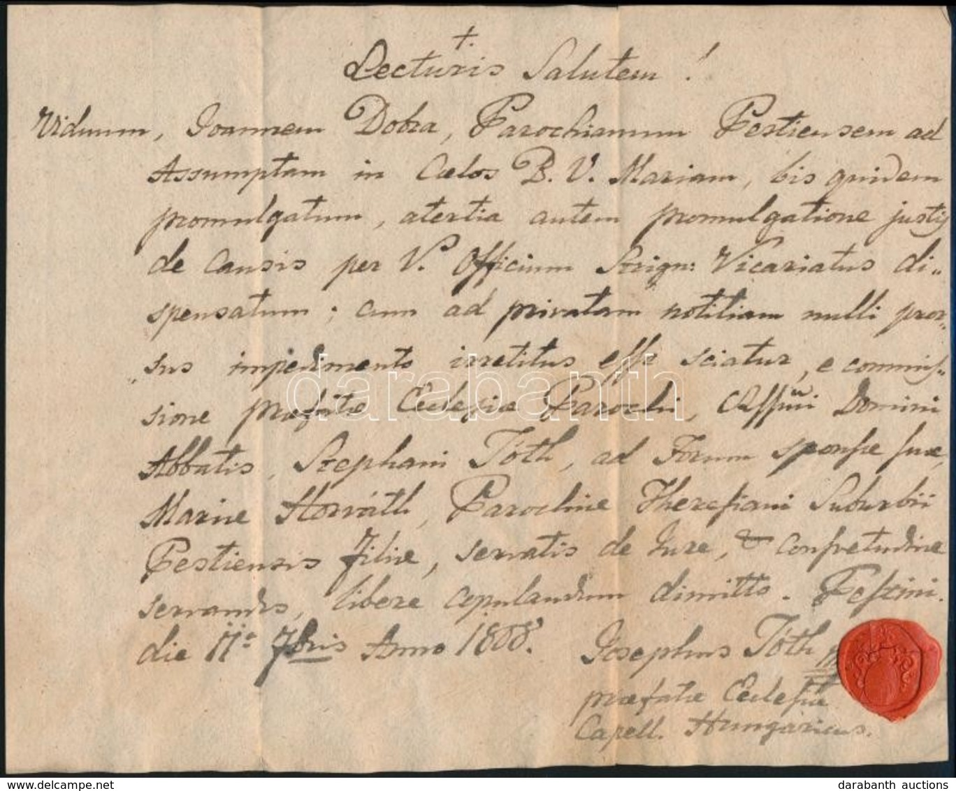1808 Pest, Latin Nyelvű Plébániai Házasodási Engedély, Rányomott Viaszpecséttel - Zonder Classificatie